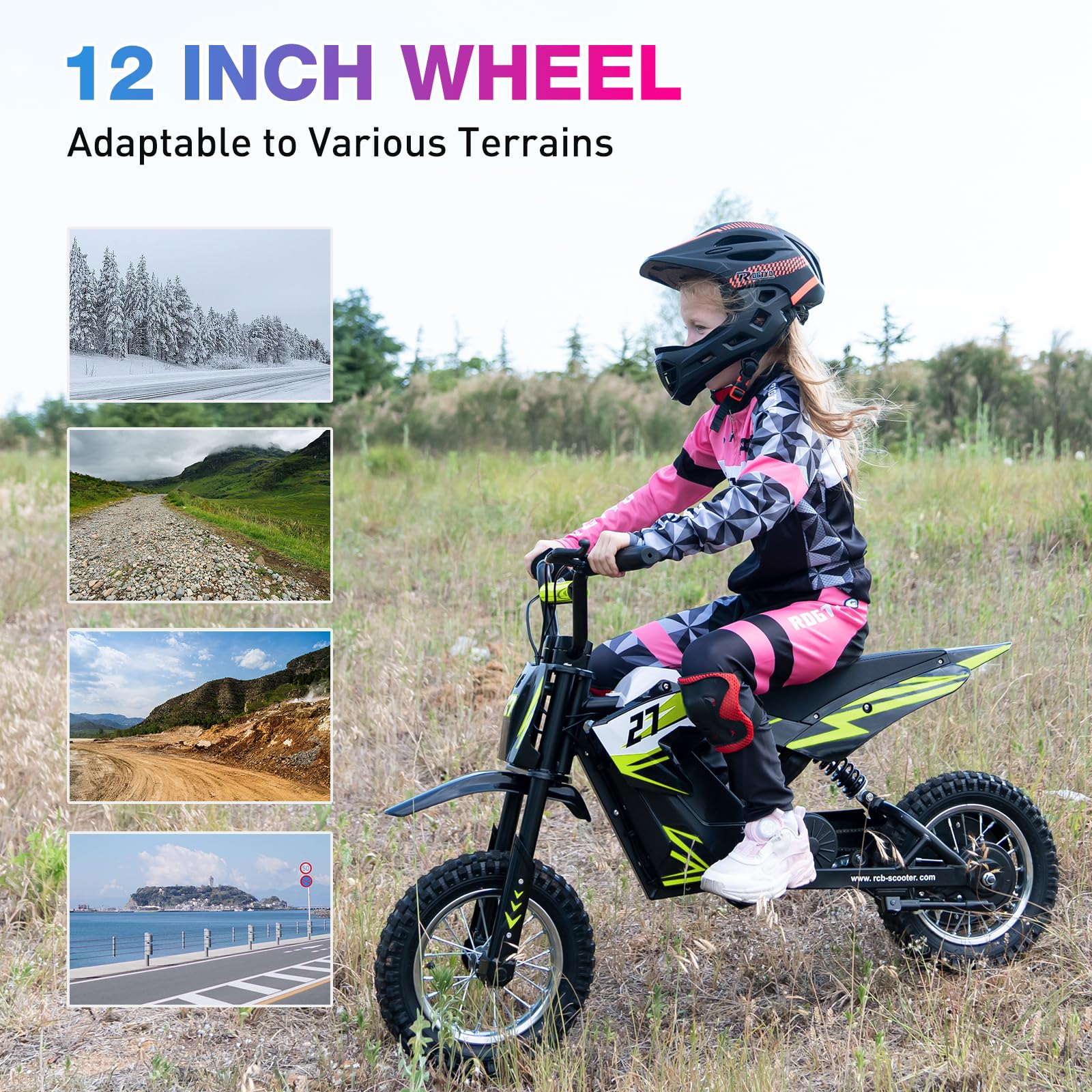 Dziewczyna w kasku na małym motocyklu terenowym, z obrazami terenu.