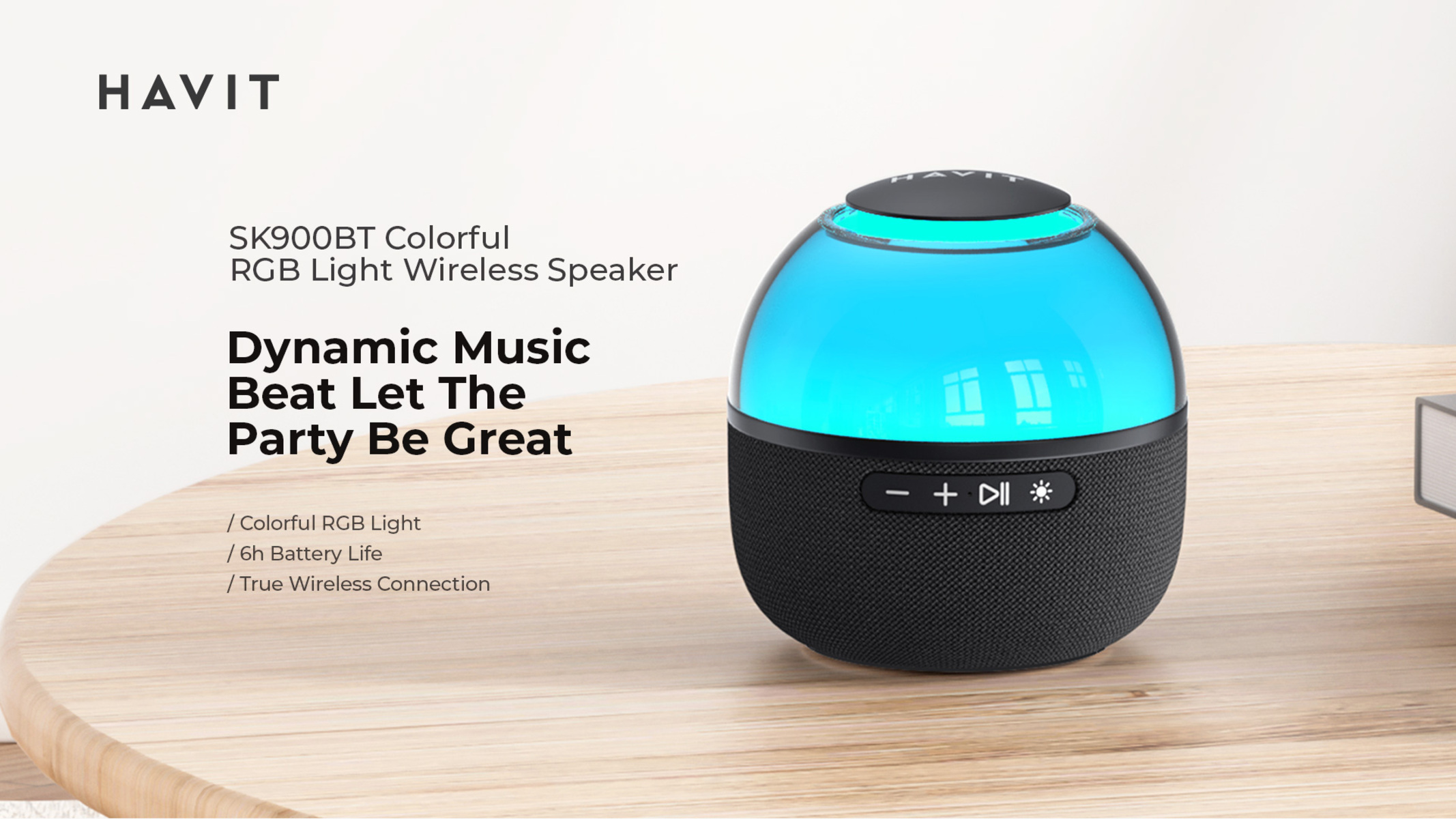 Czarny i niebieski głośnik z kolorowymi światłami i tekstem: Dynamic Music Beat Let The Party Be Great.