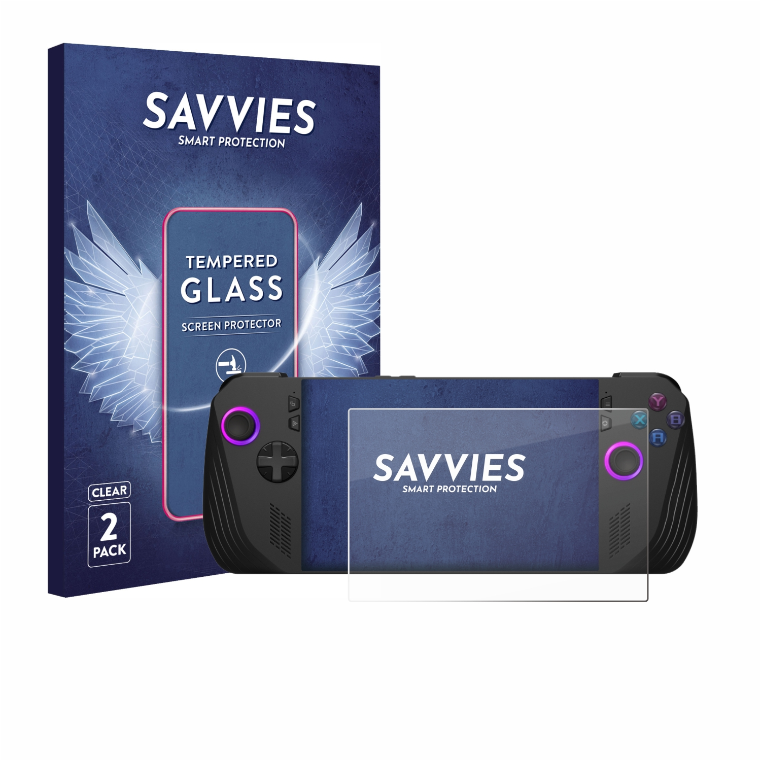 Displayschutzfolien-Set mit Gamecontroller und Box. Klares Glas und blaue Box mit Text.