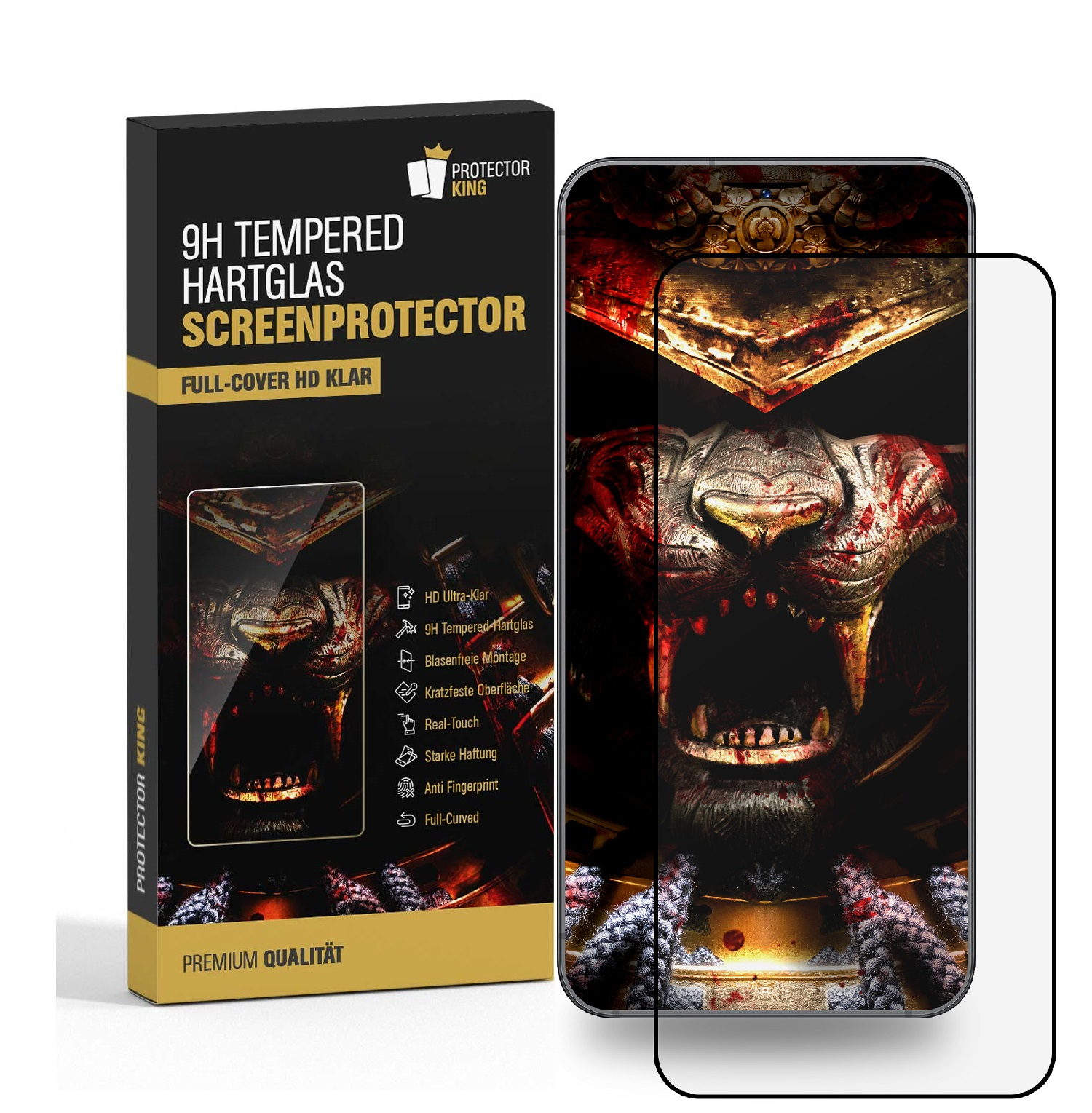 Telefon mit Displayschutz und Box. Der Bildschirm zeigt einen Tiger. Weißer Hintergrund.