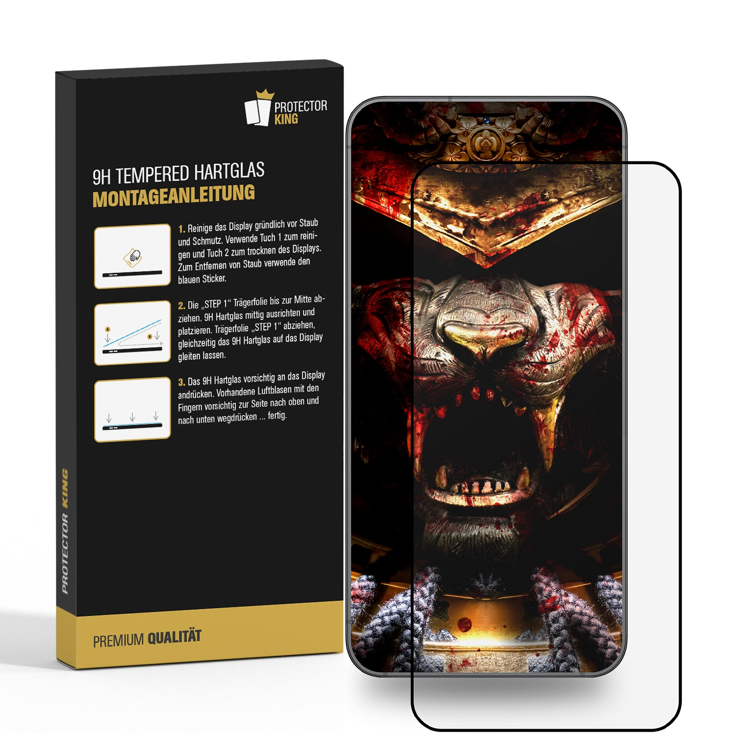 Eine Displayschutzfolienbox und ein Telefon mit angebrachter Folie.