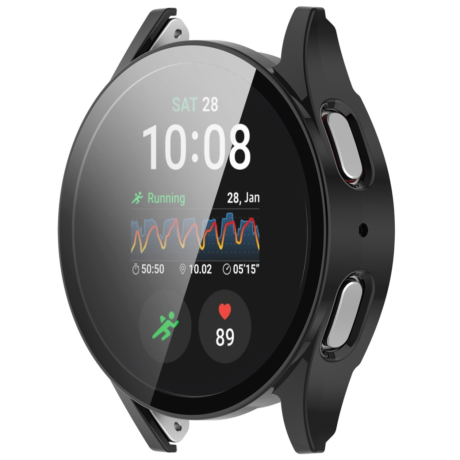 Eine schwarze Smartwatch mit Uhrzeit, Herzfrequenz und Aktivitätsdaten. Sie hat eine schwarze Lünette.