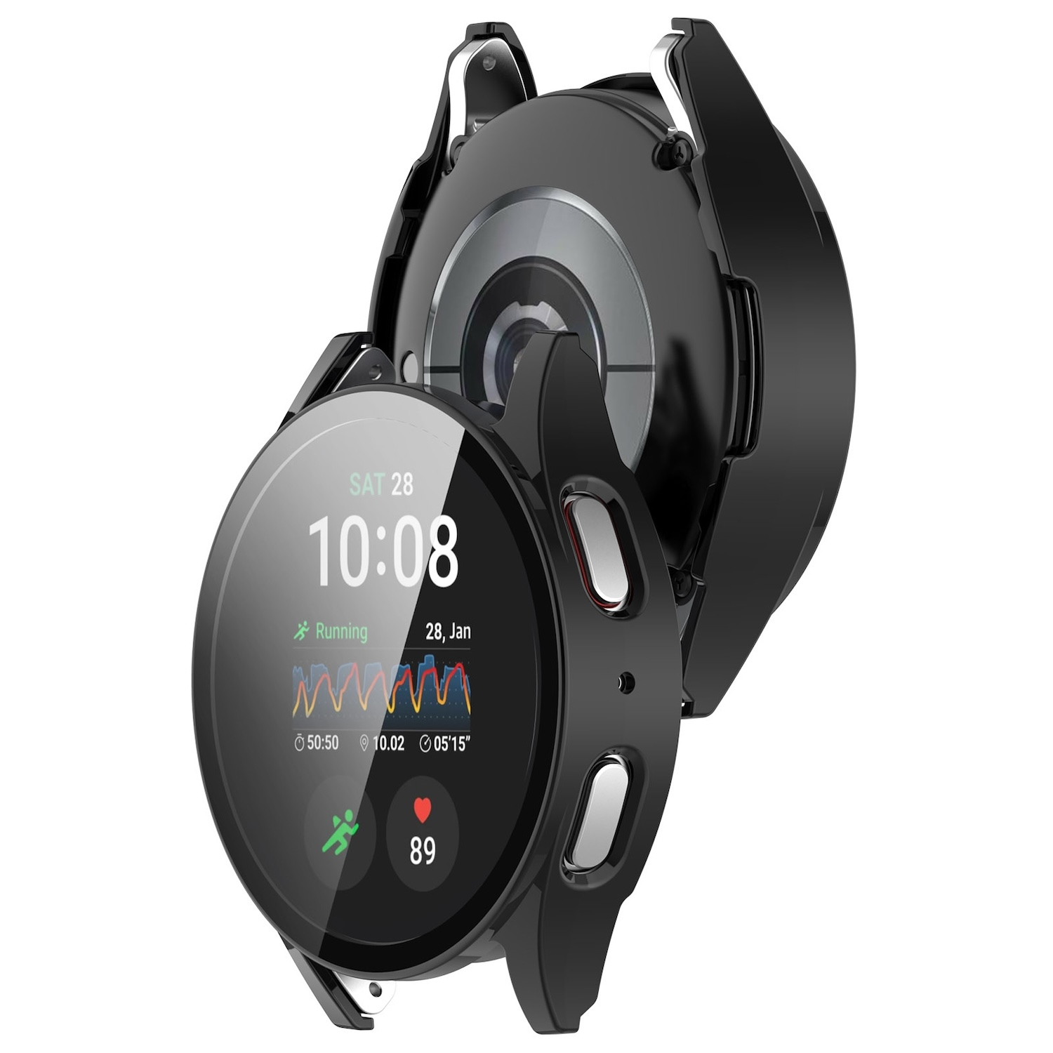 Schwarze Smartwatch mit Abdeckung, zeigt Zeit, Gesundheitsmetriken und Laufanzeige.