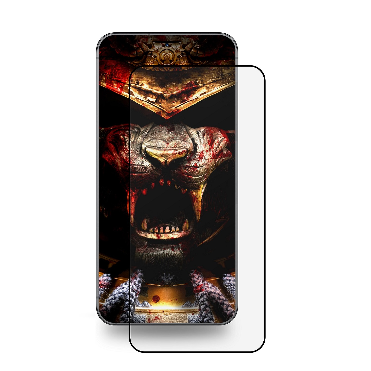Ein Telefon mit einem Displayschutz, der ein Monstergesicht zeigt. Weißer Hintergrund.