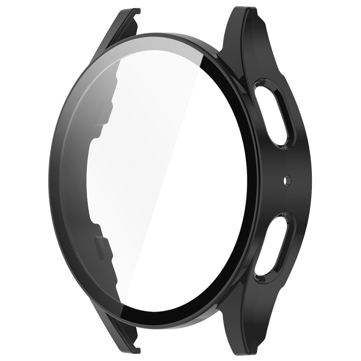 Schwarzes Smartwatch-Gehäuse mit transparentem Bildschirm. Das Gehäuse ist kreisförmig mit abgerundeten Kanten.