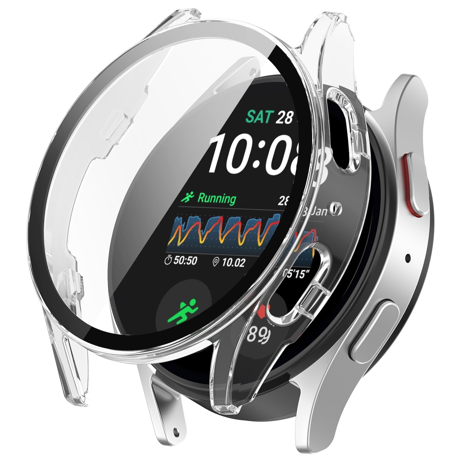 Uno smartwatch con una custodia trasparente che mostra il display. L'orologio mostra le statistiche di corsa.