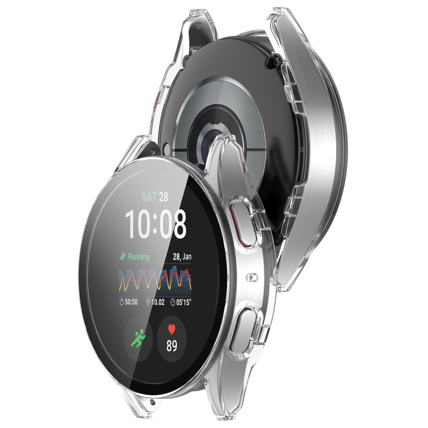 Smartwatch con custodia trasparente aperta. Lo schermo mostra l'ora e le metriche di salute.