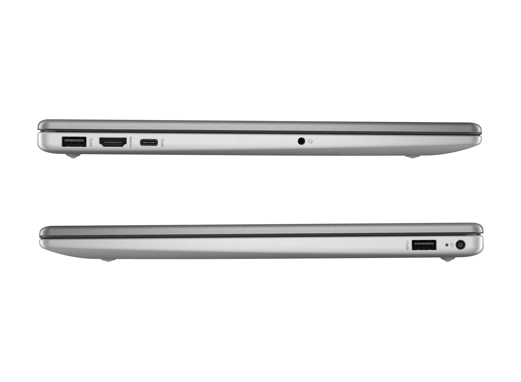 Zwei Seitenansichten eines silbernen Laptops, die Anschlüsse auf weißem Hintergrund zeigen.