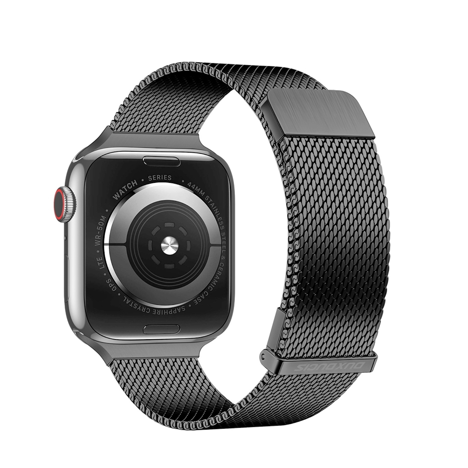 Eine schwarze Uhr mit einem schwarzen Mesh-Armband. Das Zifferblatt ist ebenfalls schwarz.
