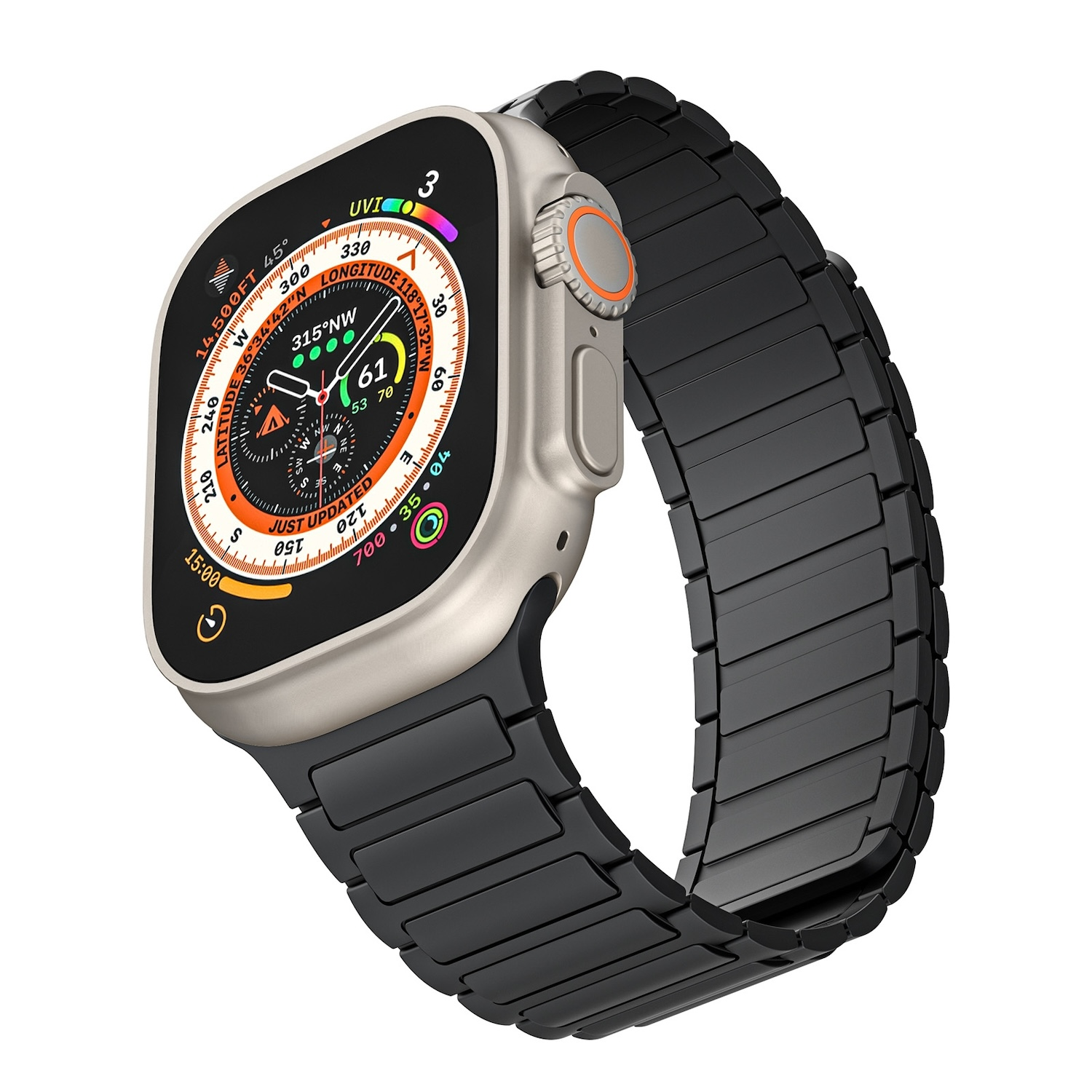 Silberne Apple Watch mit schwarzem Metallarmband. Es ist auf weißem Hintergrund.