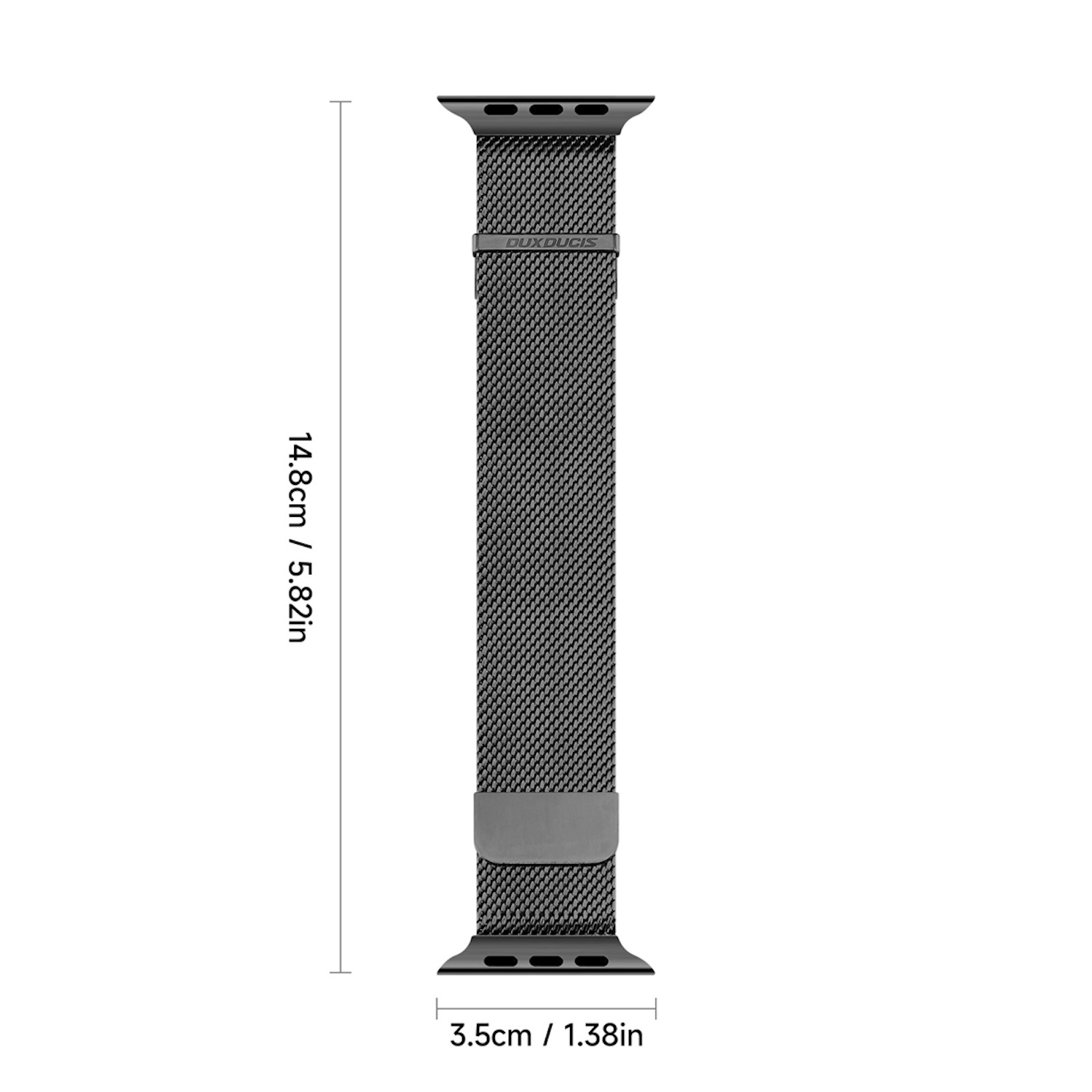 Schwarzes Apple Watch-Armband mit Mesh-Design, Maße in cm und Zoll.