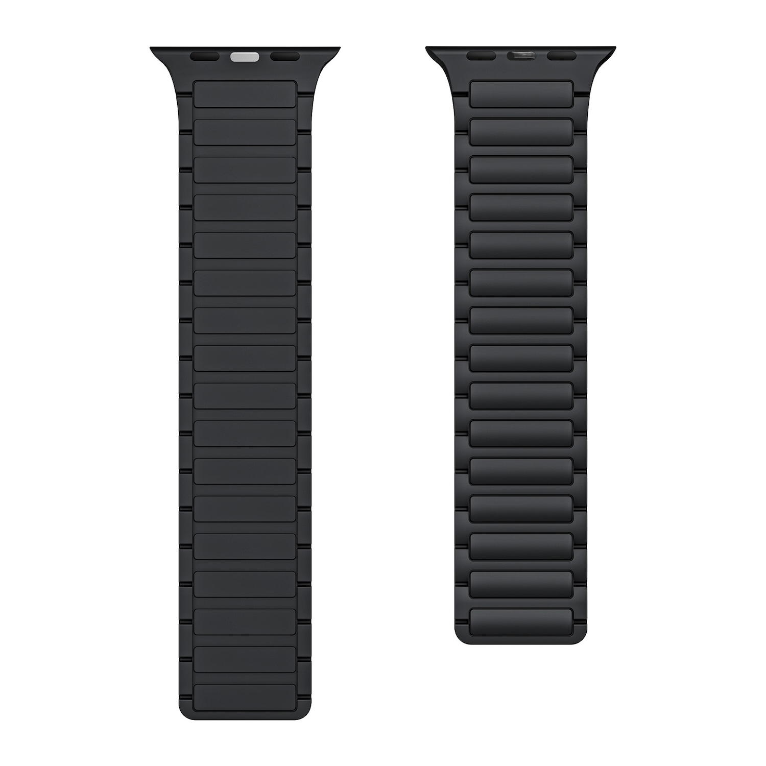 Zwei schwarze Apple Watch Armbänder mit Magnetverschluss, verschiedene Größen.