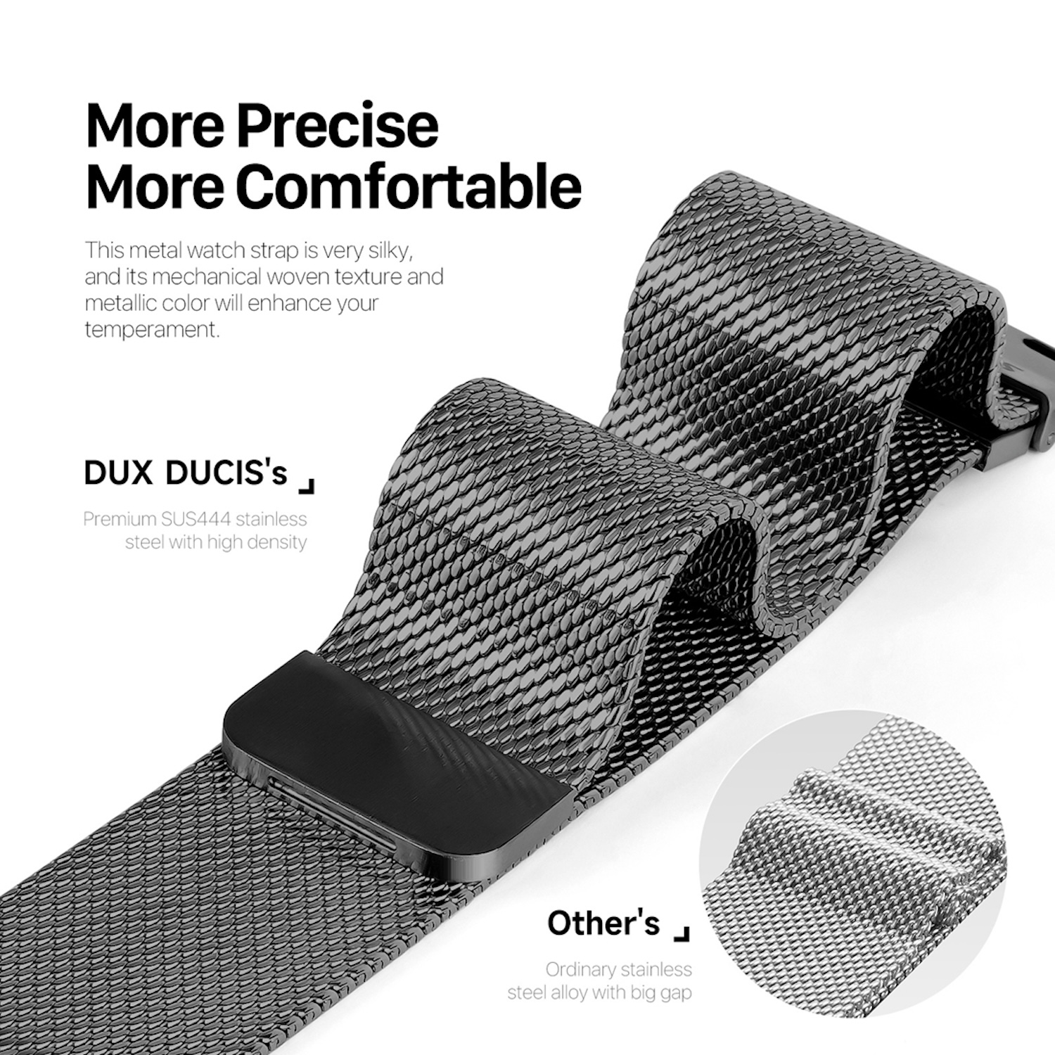 Ein schwarzes, gewebtes Metalluhrenarmband mit Magnetverschluss. Text lautet 'More Precise More Comfortable'.