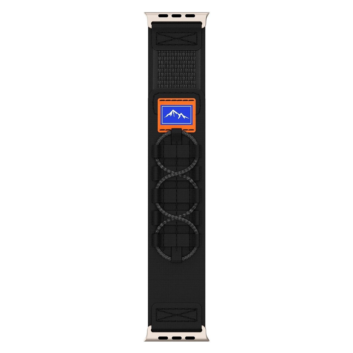 Schwarzes Uhrenarmband mit einem orangefarbenen und blauen Quadrat.