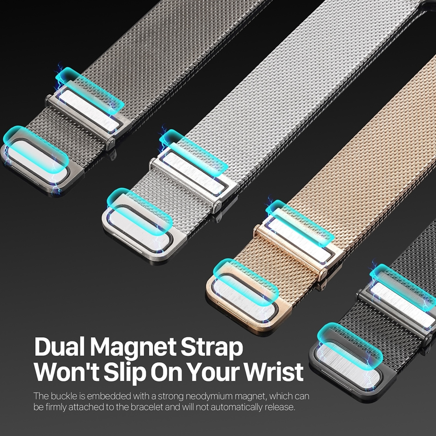 Vier Metall-Uhrenarmbänder, Magnetverschlüsse hervorgehoben. Text: Dual Magnet Strap.