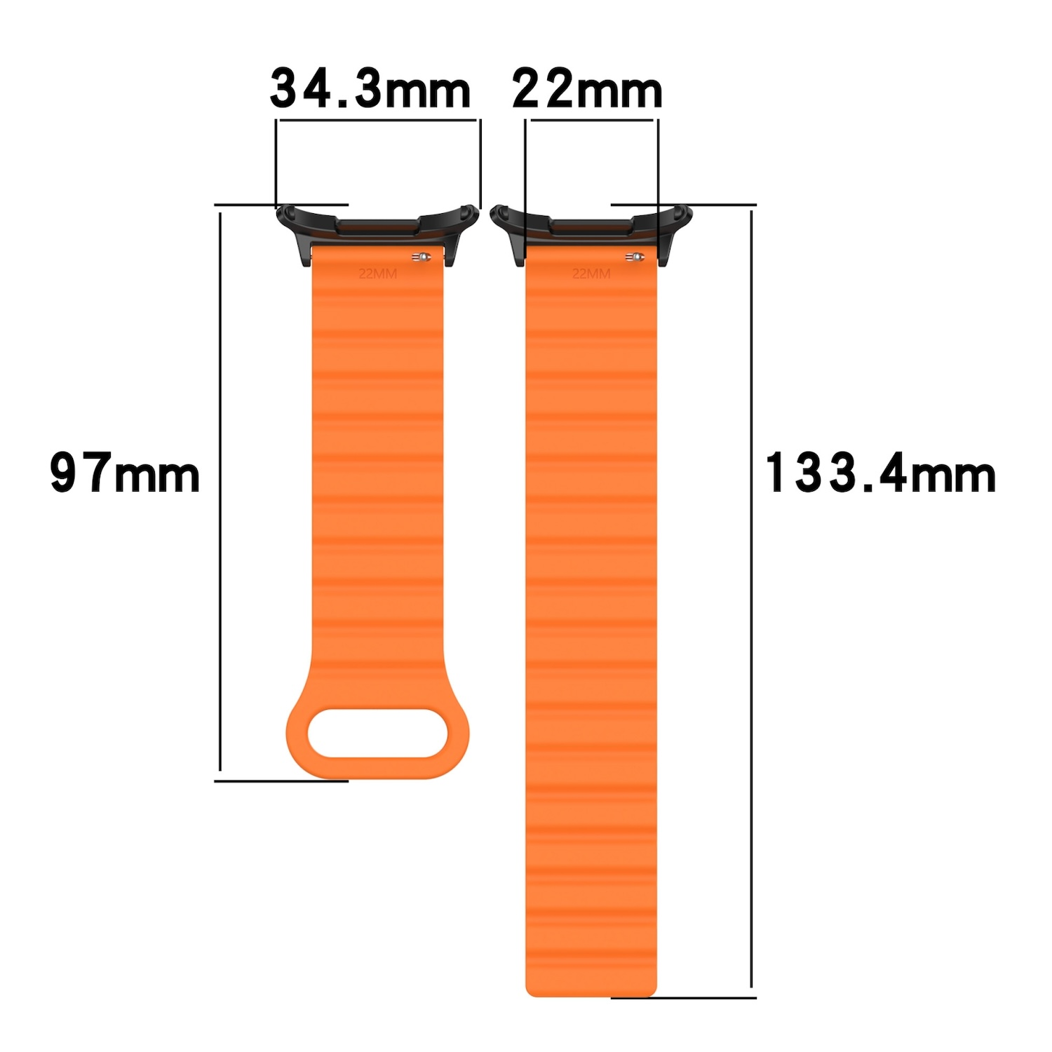 Zwei orangefarbene Uhrenarmbänder mit Maßangaben in mm. Weißer Hintergrund.