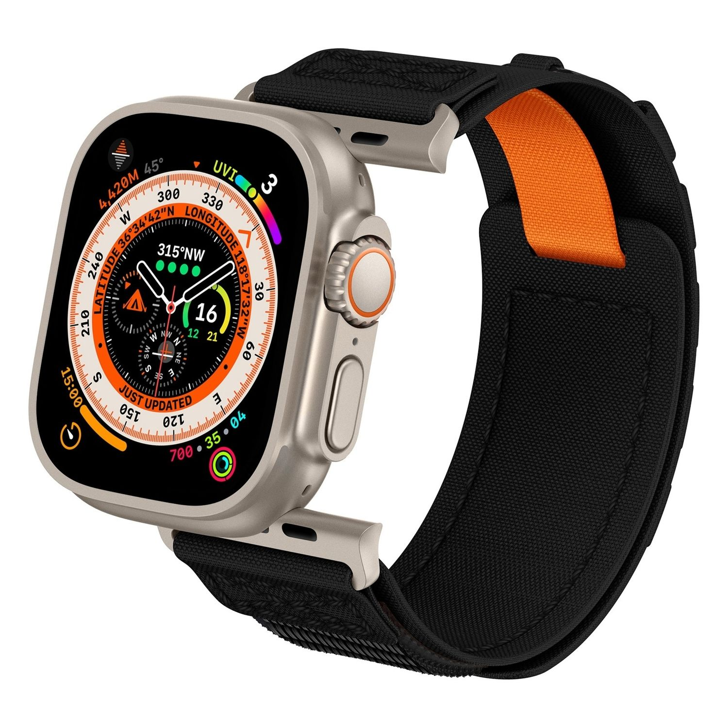 Silberne Smartwatch mit schwarzem und orangefarbenem Armband. Der Bildschirm zeigt Zeit, Kompass usw.