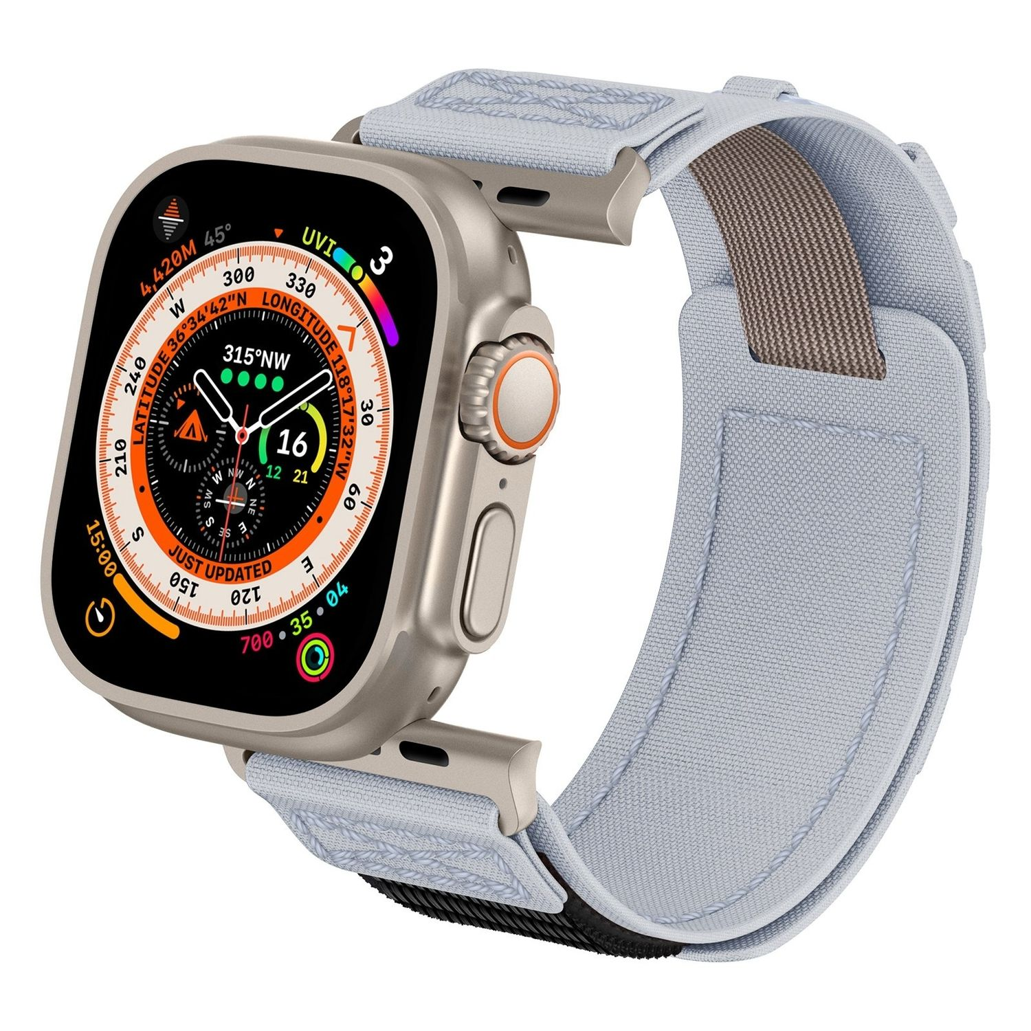 Eine silberne Smartwatch mit hellblauem Armband, die einen Kompass und Zeitinformationen anzeigt.