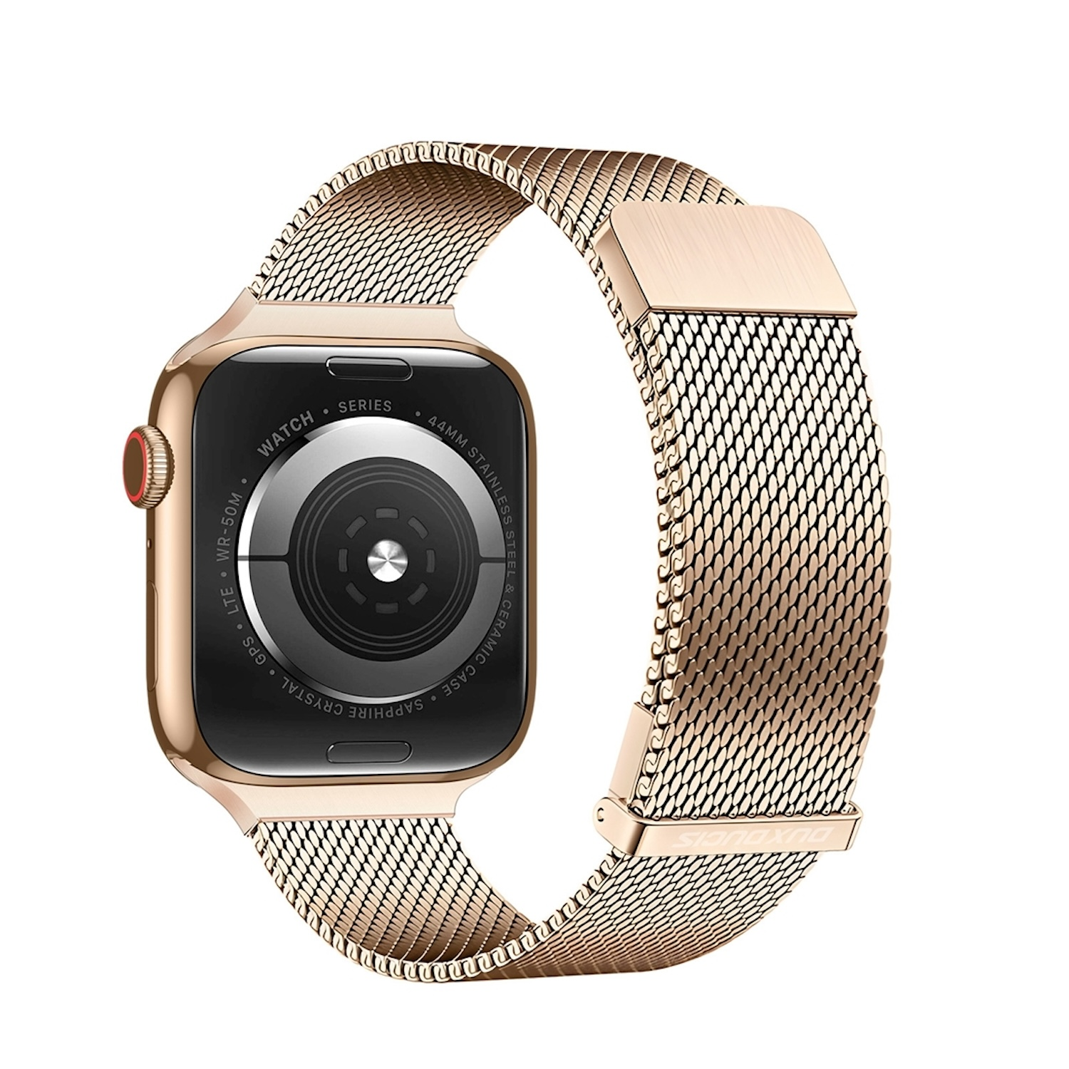 Roségoldene Apple Watch mit passendem Mesh-Armband, zeigt die Rückseite der Uhr.
