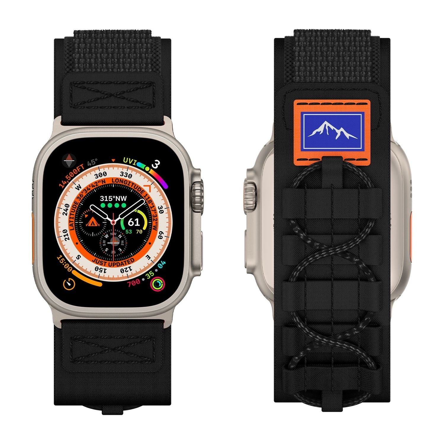 Smartwatch mit schwarzem Armband. Zwei Ansichten der Uhr. Eine Seite zeigt das Zifferblatt, die andere das Armband.