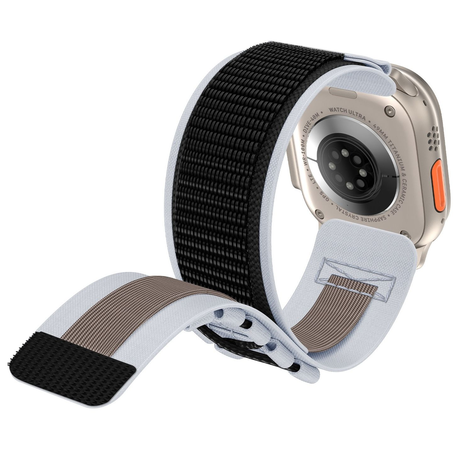 Silberne Apple Watch Ultra mit einem schwarz-weißem Armband.