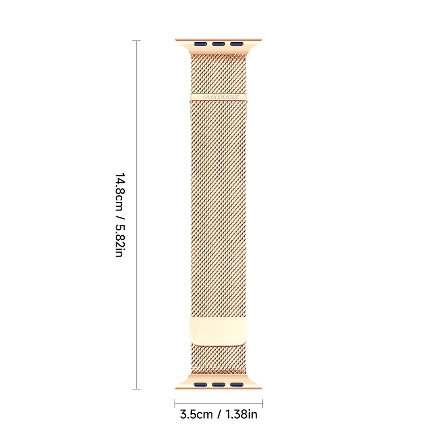 Goldenes Uhrenarmband aus Mesh. Es ist 14,8 cm lang und 3,5 cm breit.