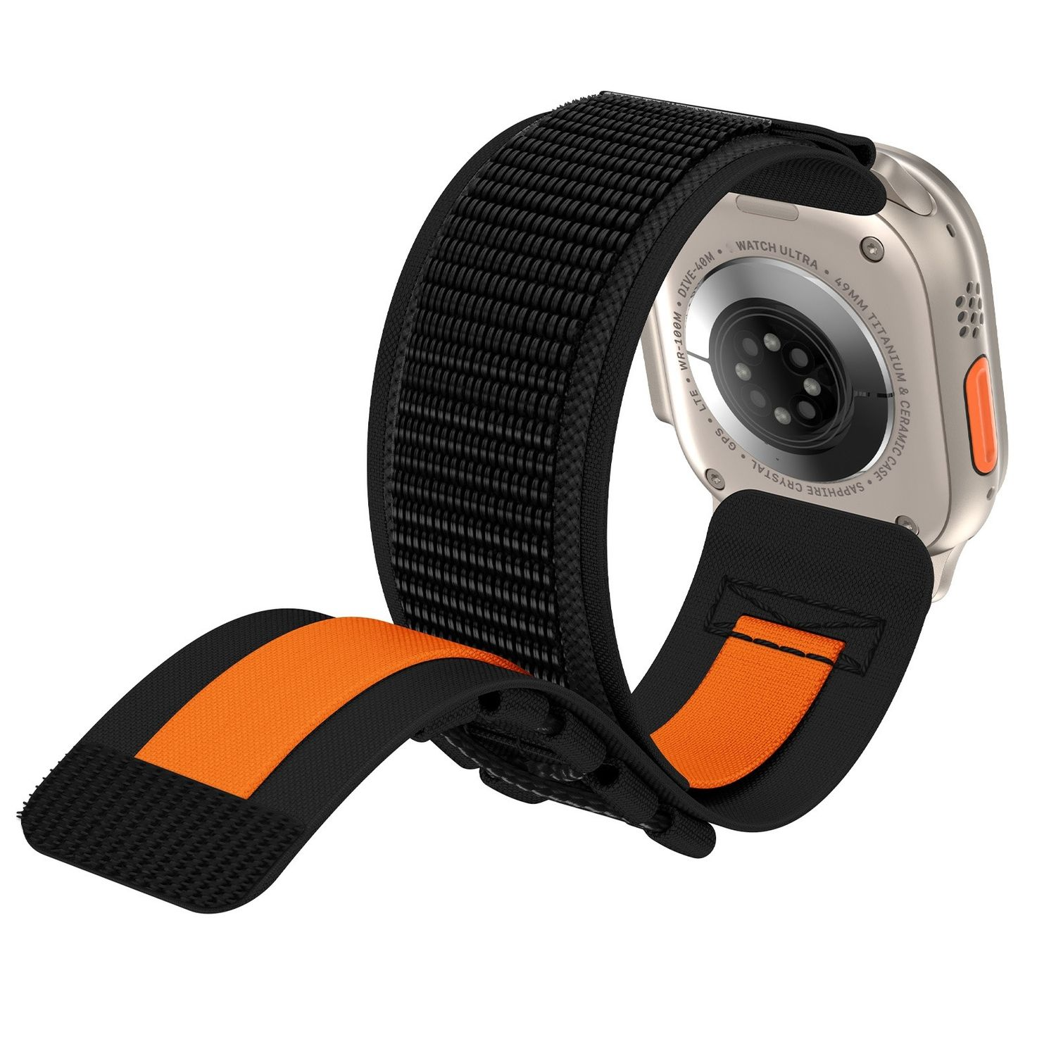 Apple Watch mit schwarzem Armband und orangefarbenem Futter. Die Uhr hat ein silbernes Gehäuse. Schwarzer Hintergrund.