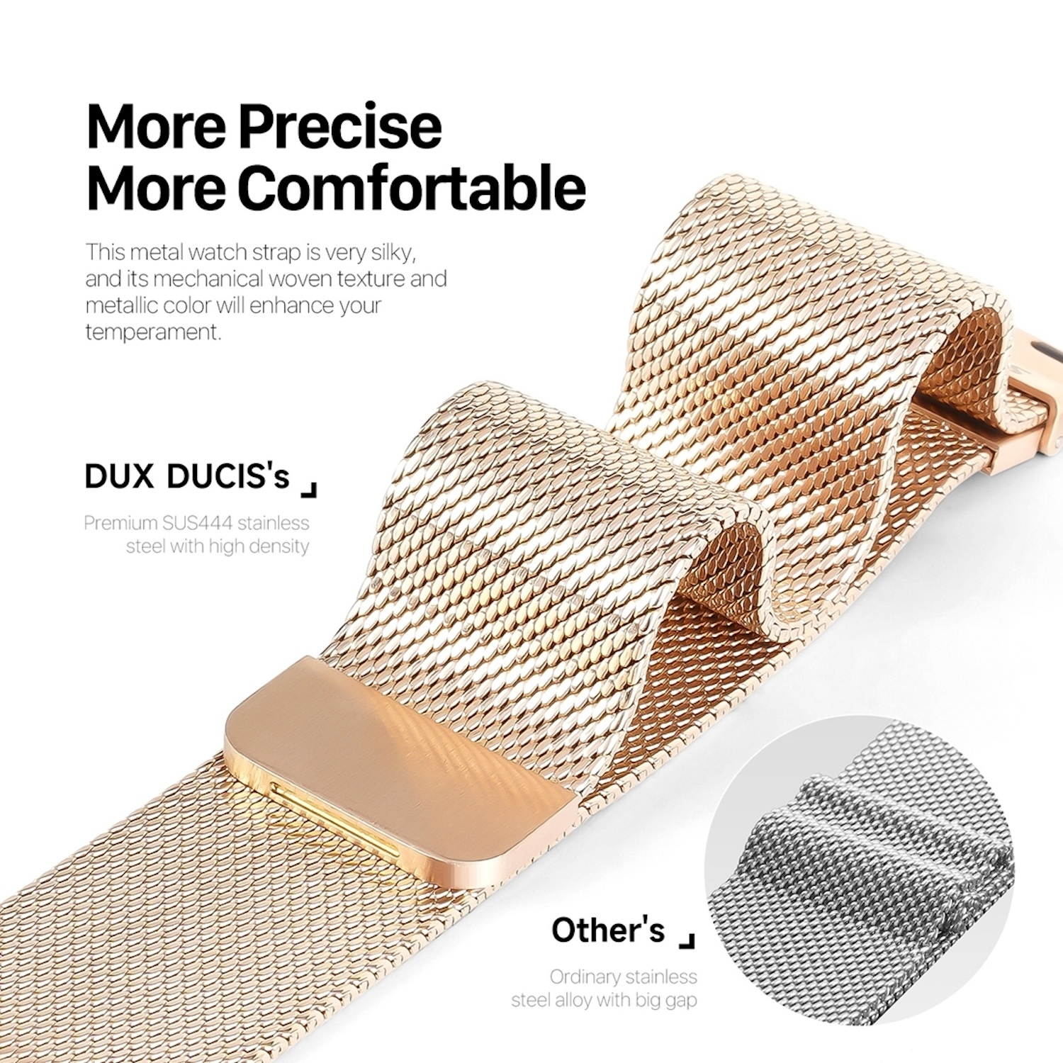 Nahaufnahme des roségoldenen Uhrenarmbands. Gewebte Mesh-Textur, metallisch. Marke Dux Ducis, Edelstahl.