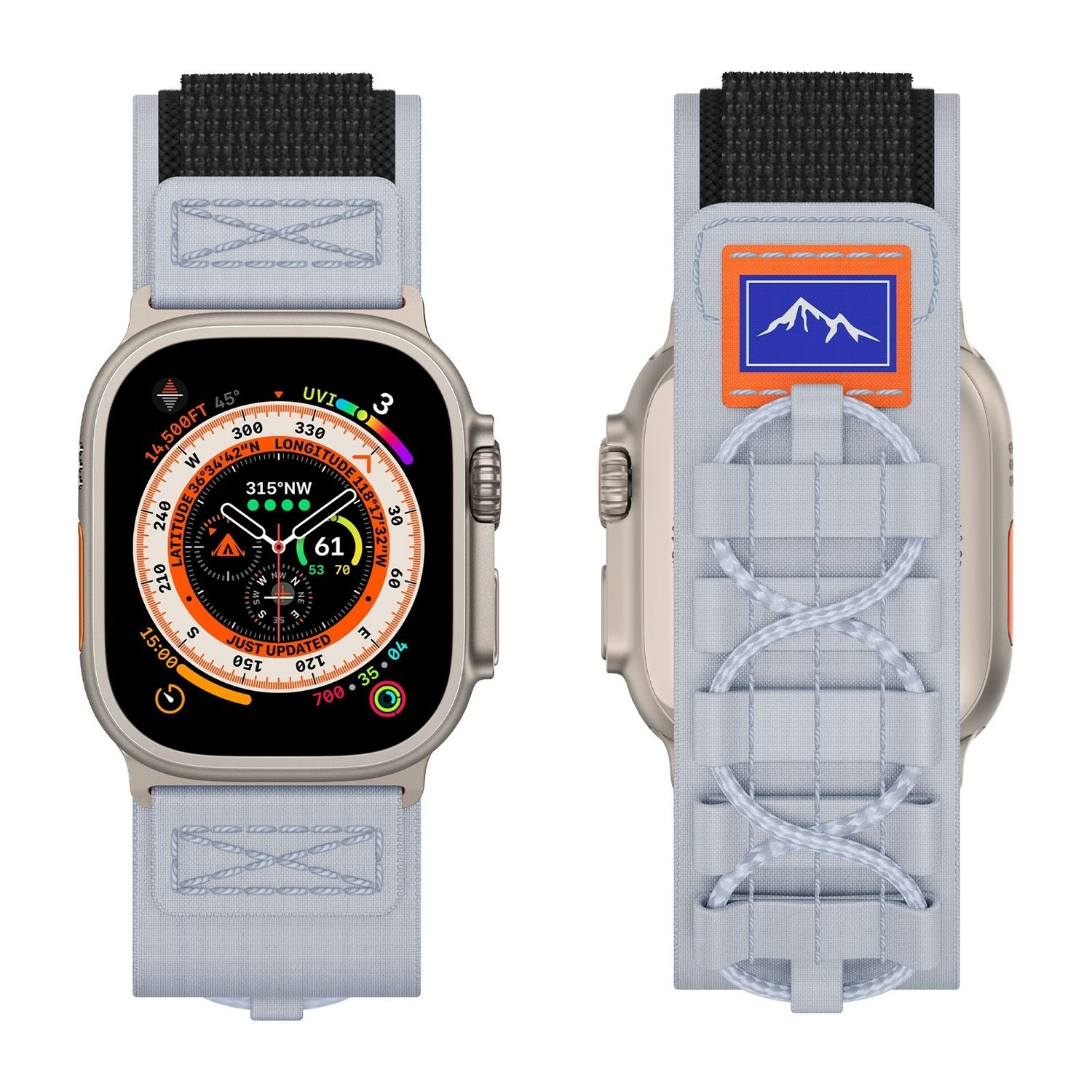 Smartwatch mit grauem Band. Zifferblatt zeigt Zeit und Statistiken. Rückseite zeigt Banddetails.