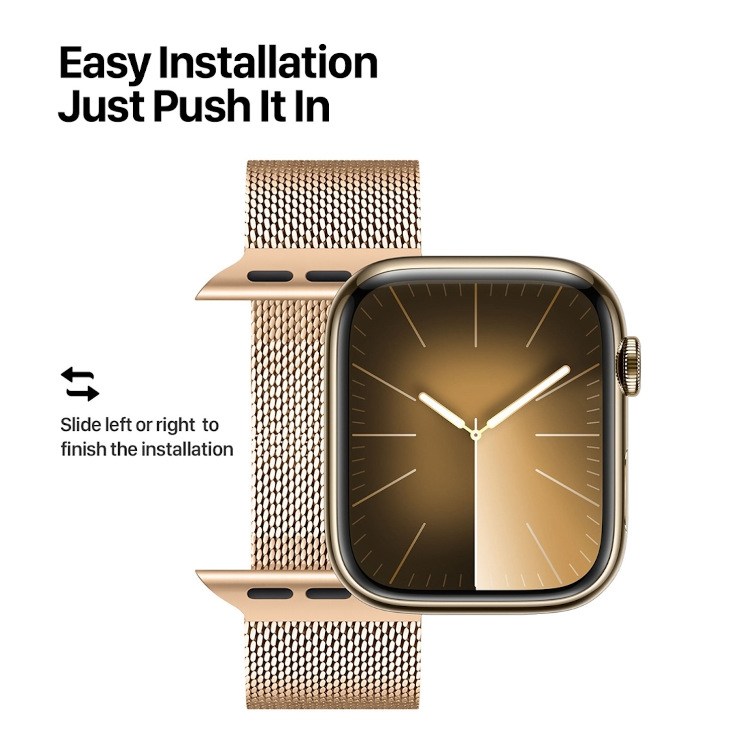 Eine goldene Uhr und ein passendes Uhrenarmband. Text besagt einfache Installation durch Drücken und Schieben.