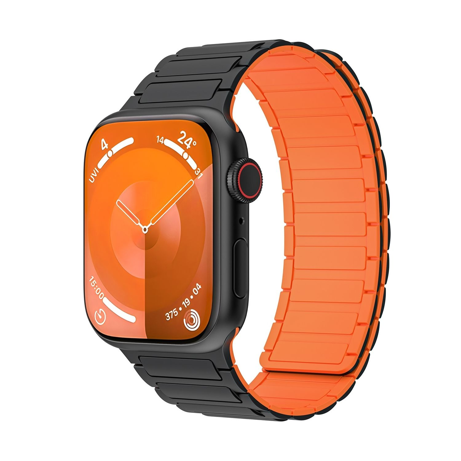 Schwarze Uhr mit schwarzem und orangefarbenem Band. Display hat orangefarbenen Hintergrund mit Zeit.