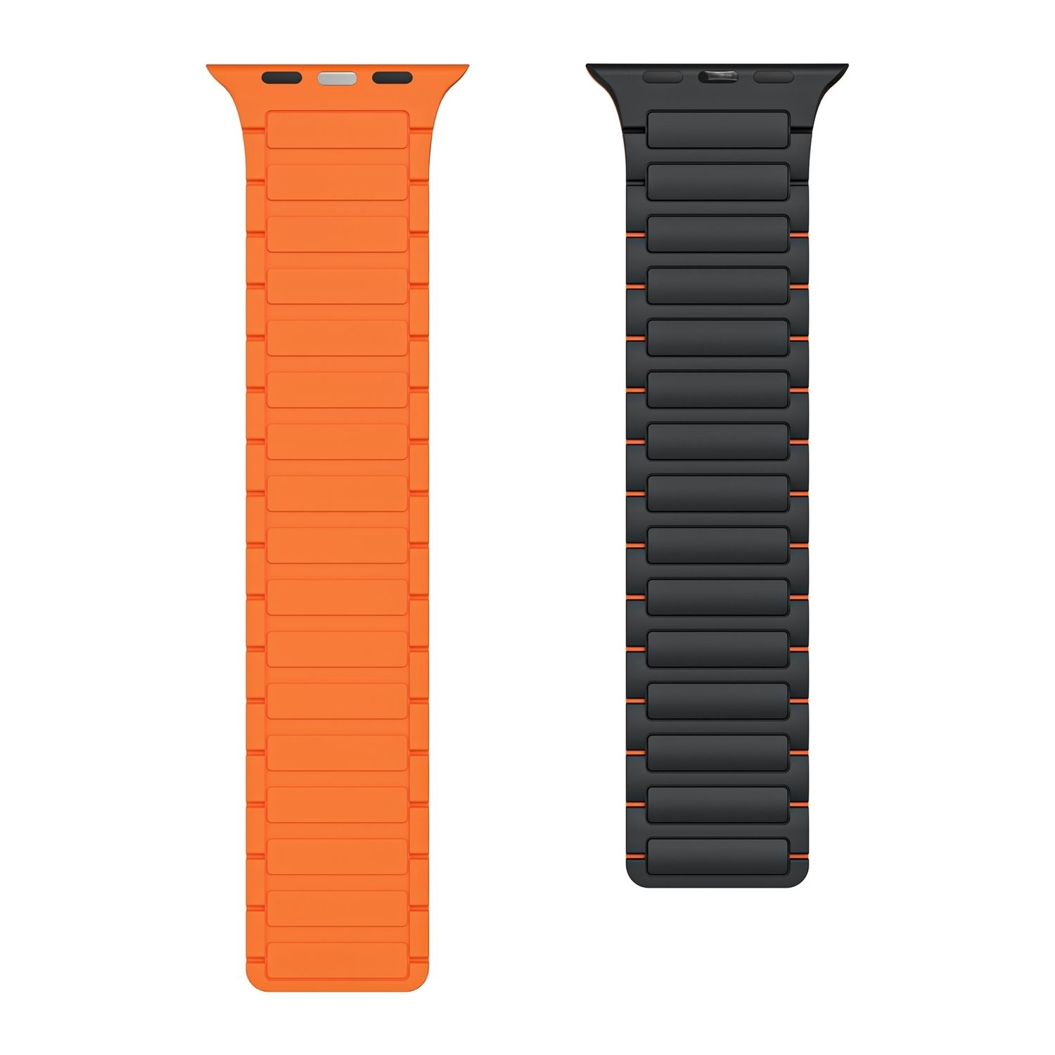 Zwei Uhrenarmbänder: eins orange, eins schwarz, beide mit Magnetverschluss.