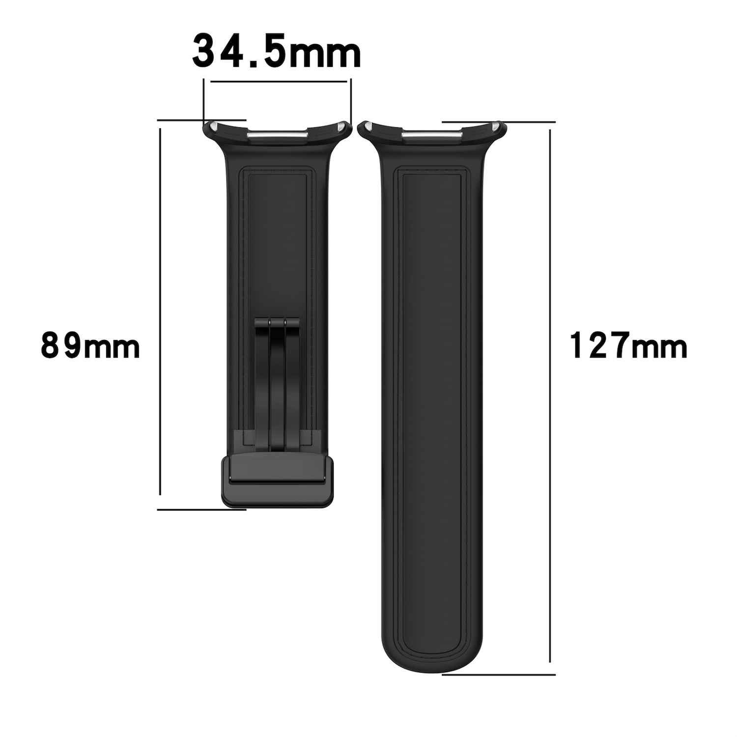 Parti di cinturino nero con etichette dimensionali. Lunghezze di 89 mm e 127 mm sono contrassegnate.