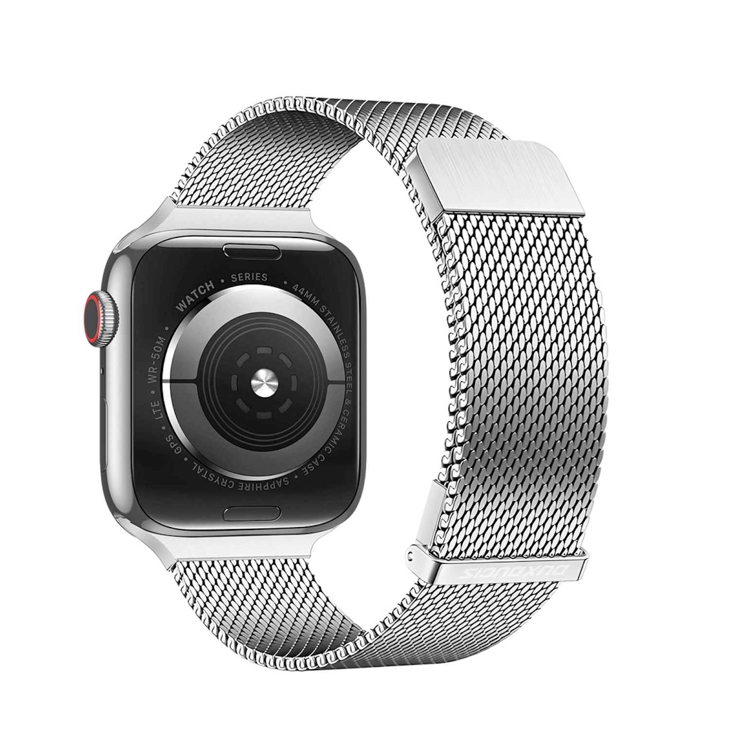 Silberne Apple Watch mit Edelstahl-Mesh-Armband.