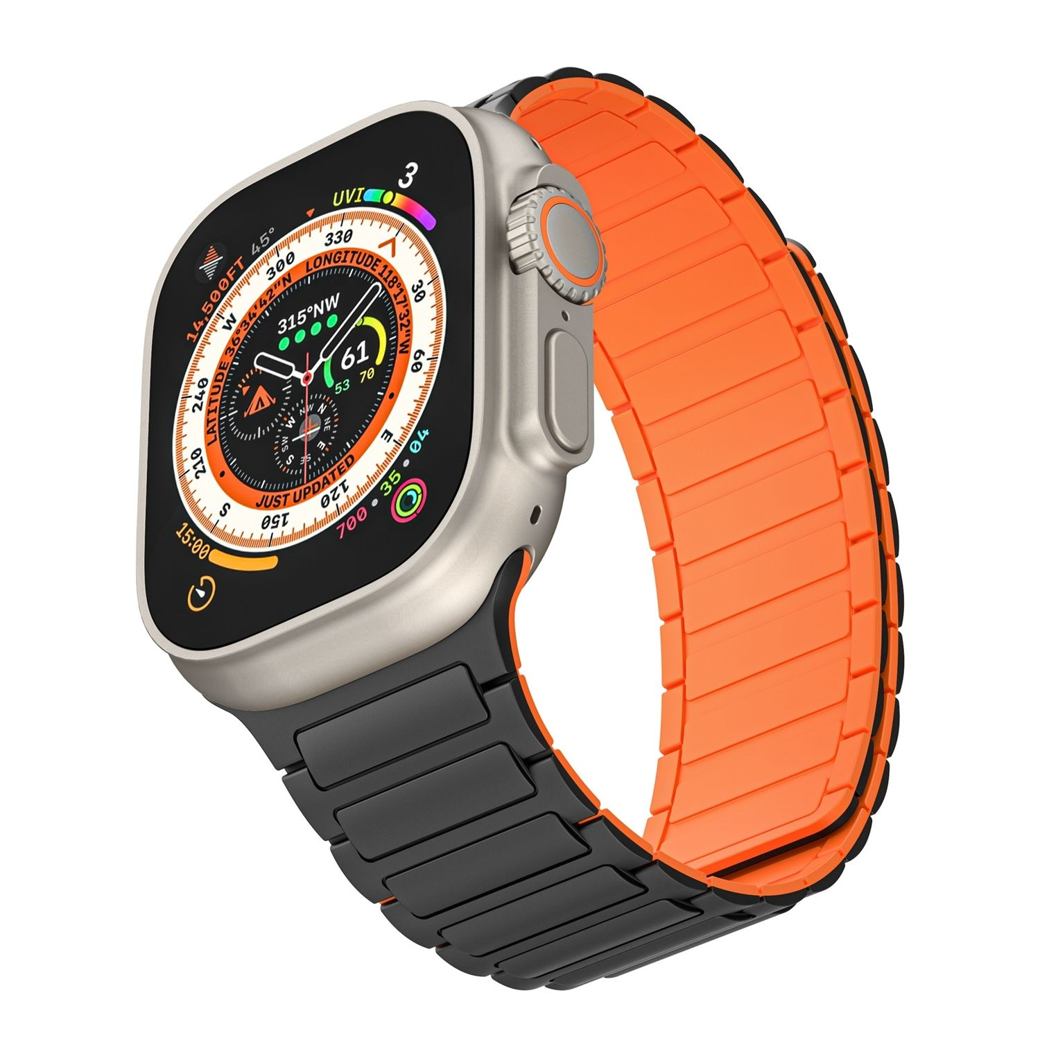 Silber-schwarze Smartwatch mit orangefarbenem Armband. Zeigt Zeit und Gesundheitsdaten.