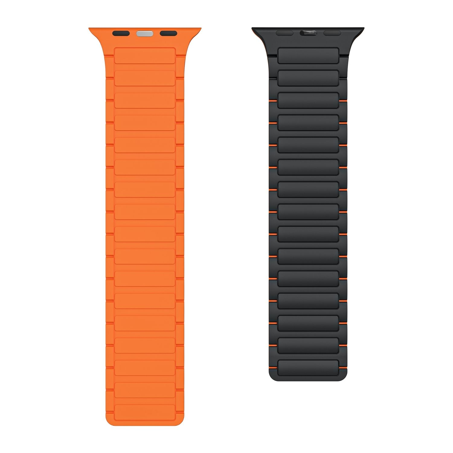 Zwei magnetische Apple Watch-Armbänder, eines orangefarben, eines schwarz. Beide Armbänder haben einen Magnetverschluss.