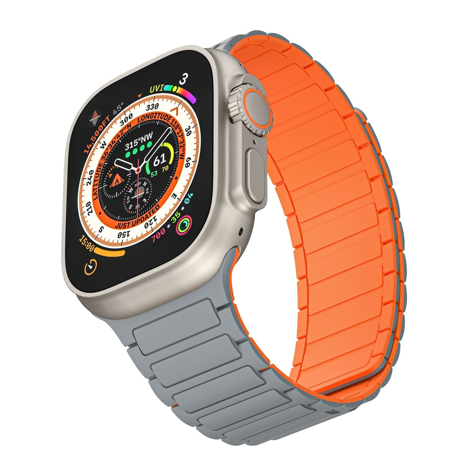 Silberne und orangefarbene Smartwatch mit grau-orangefarbenem Armband. Das Zifferblatt zeigt Daten auf weißem Hintergrund.