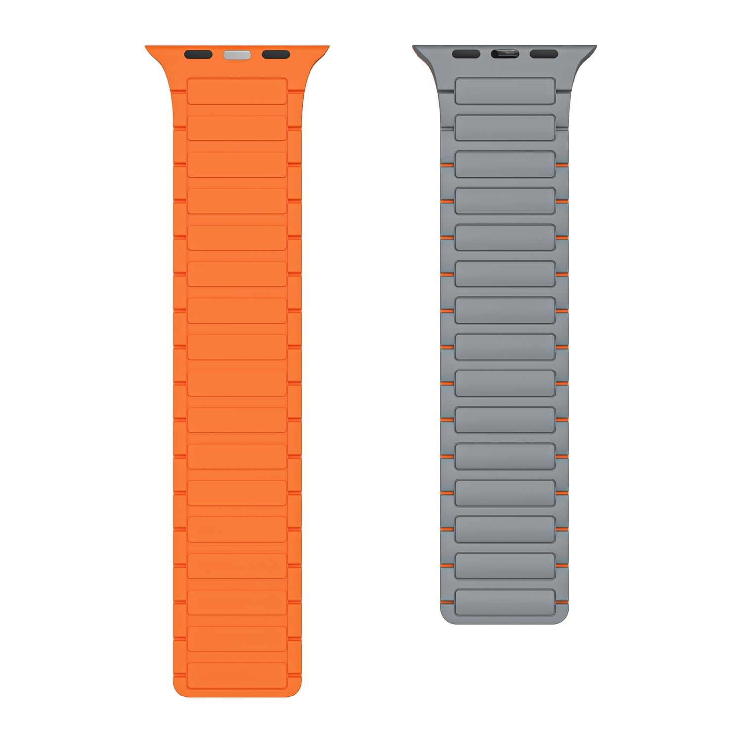 Zwei Uhrenarmbänder: eines orange und eines grau. Beide haben ein geriffeltes Design.