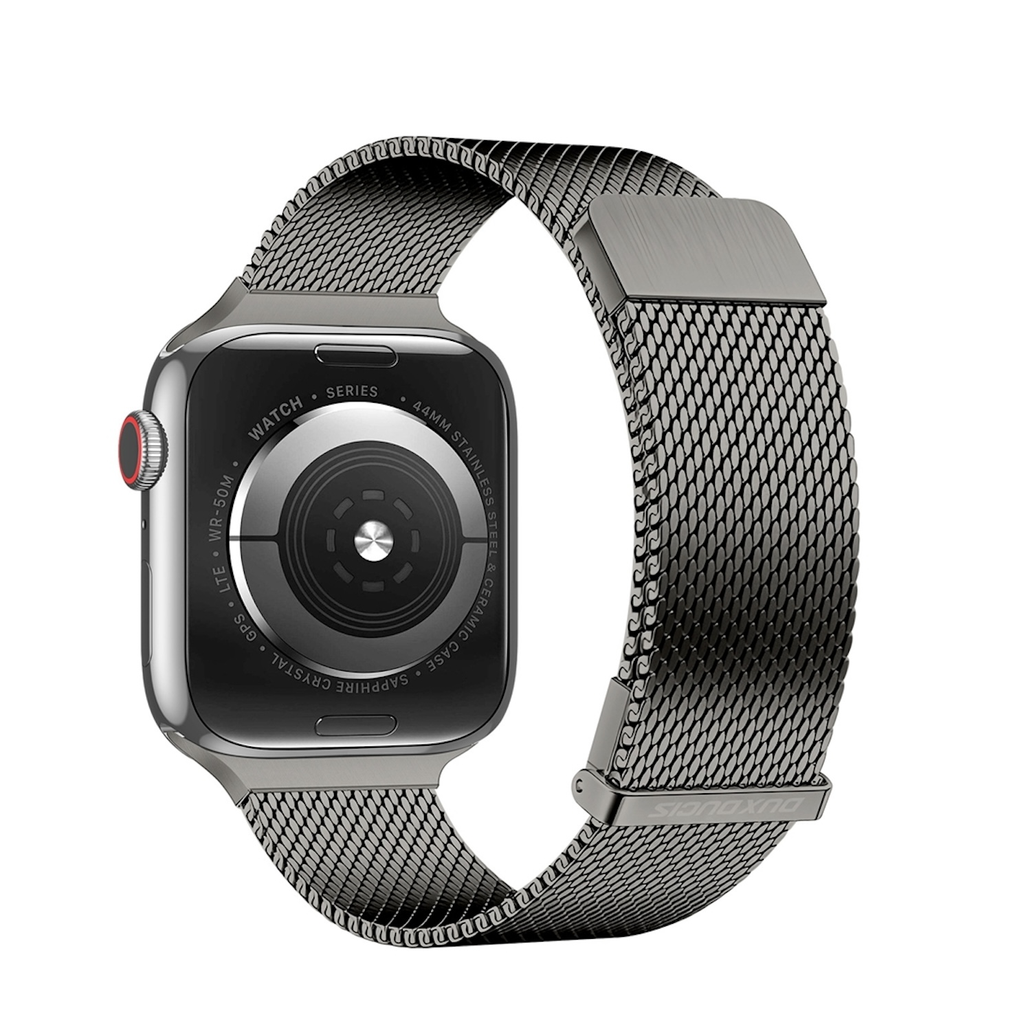 Silberne Apple Watch mit Mesh-Armband. Die Rückseite zeigt die Details der Uhr. Das Armband ist teilweise geöffnet.