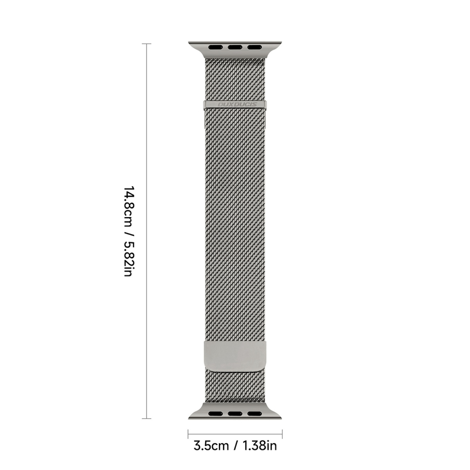 Silbernes Apple Watch-Armband aus Mesh, mit Maßen: 14,8 cm/5,82 Zoll und 3,5 cm/1,38 Zoll.