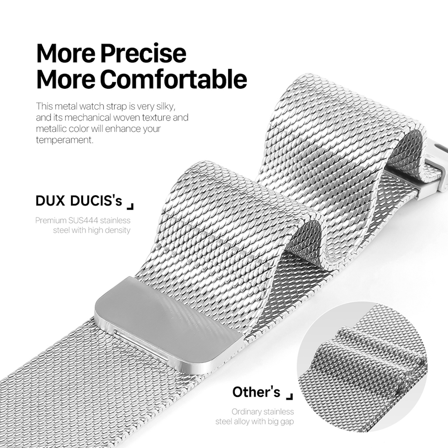 Ein silbernes, gewebtes Metalluhrenarmband mit Magnetverschluss. Text lautet 'More Precise More Comfortable'.