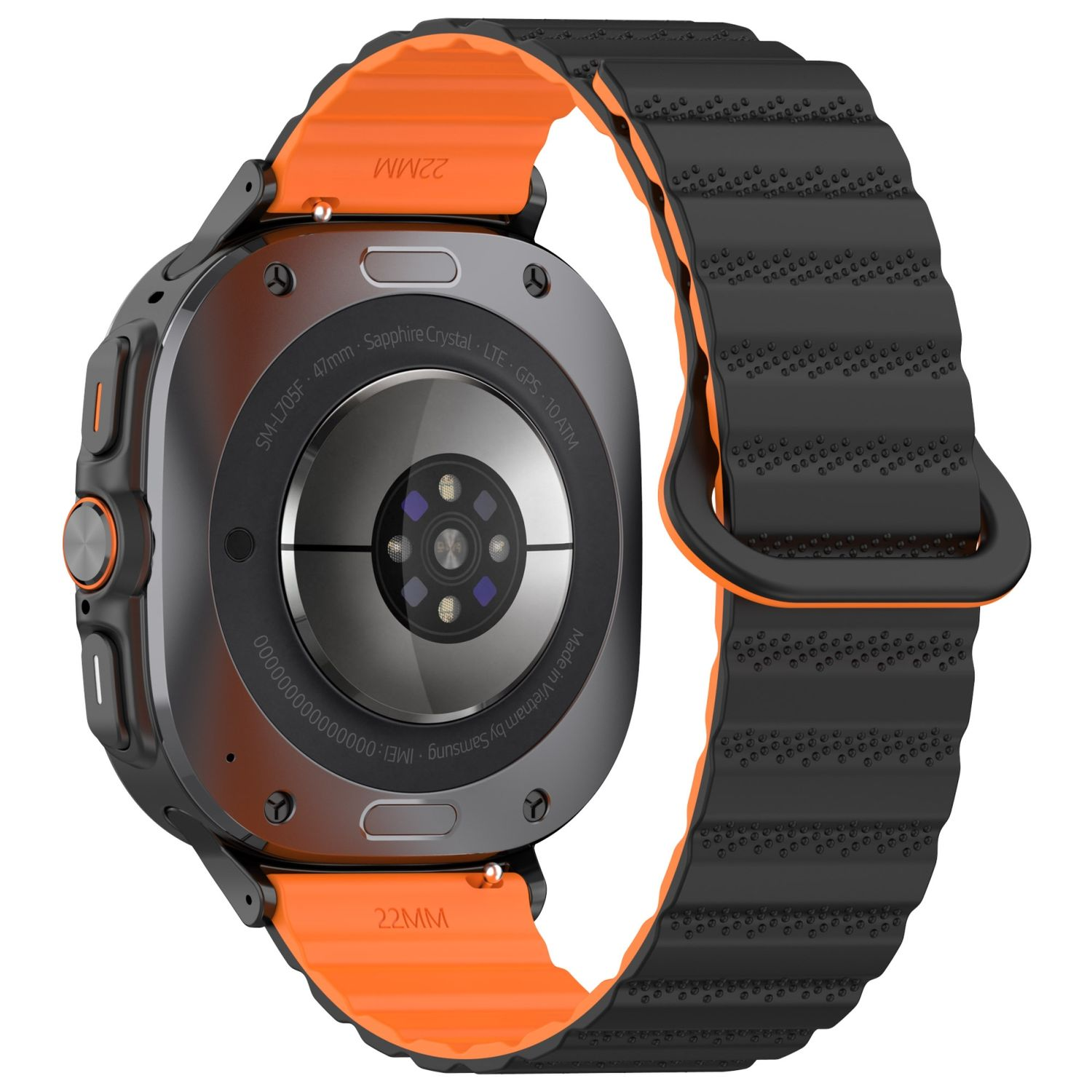 Schwarz-orange Smartwatch, Rückansicht, mit offenem Armband, Nahaufnahme.