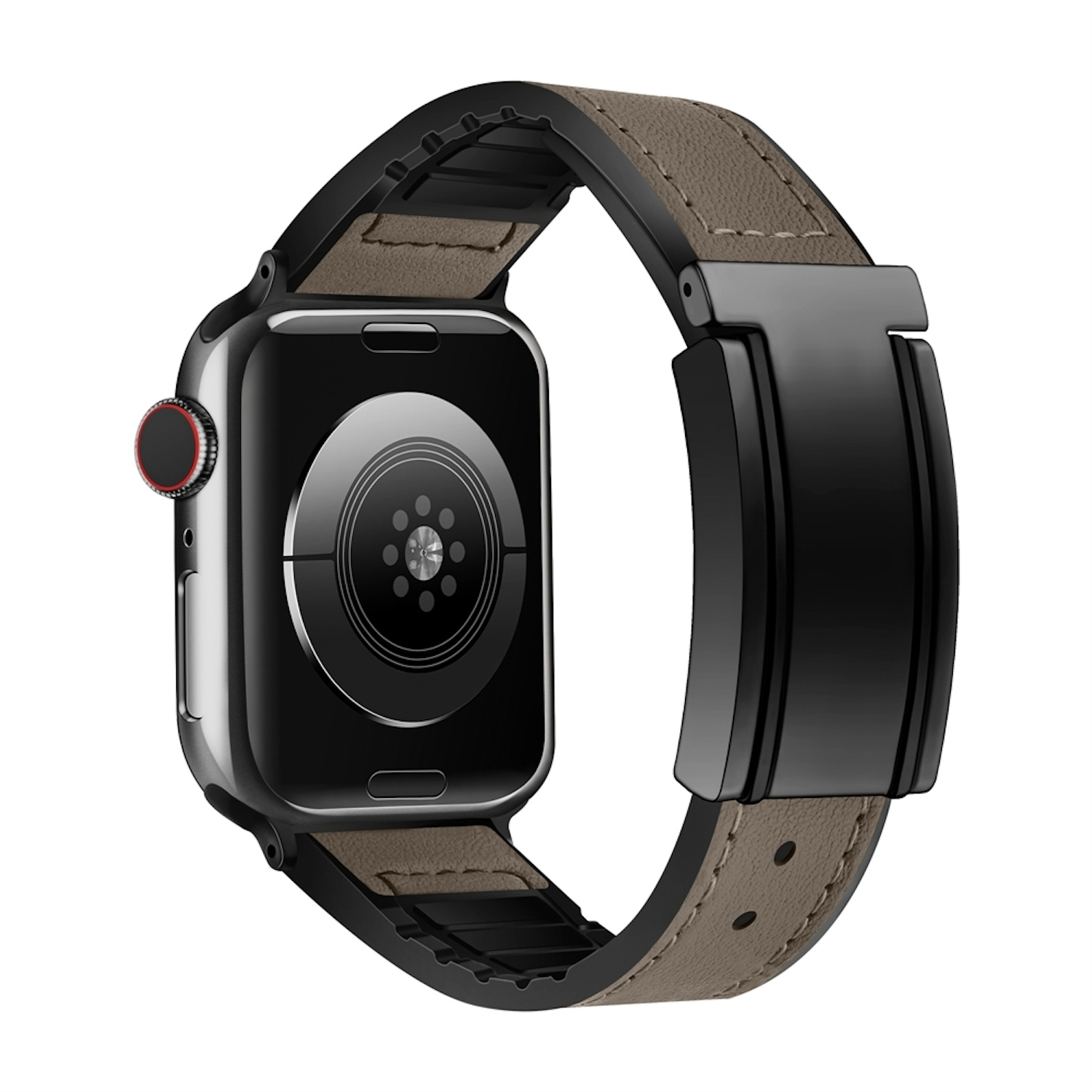 Eine schwarze Smartwatch mit dunkelgrauem Lederarmband, zeigt die Rückseite der Uhr.