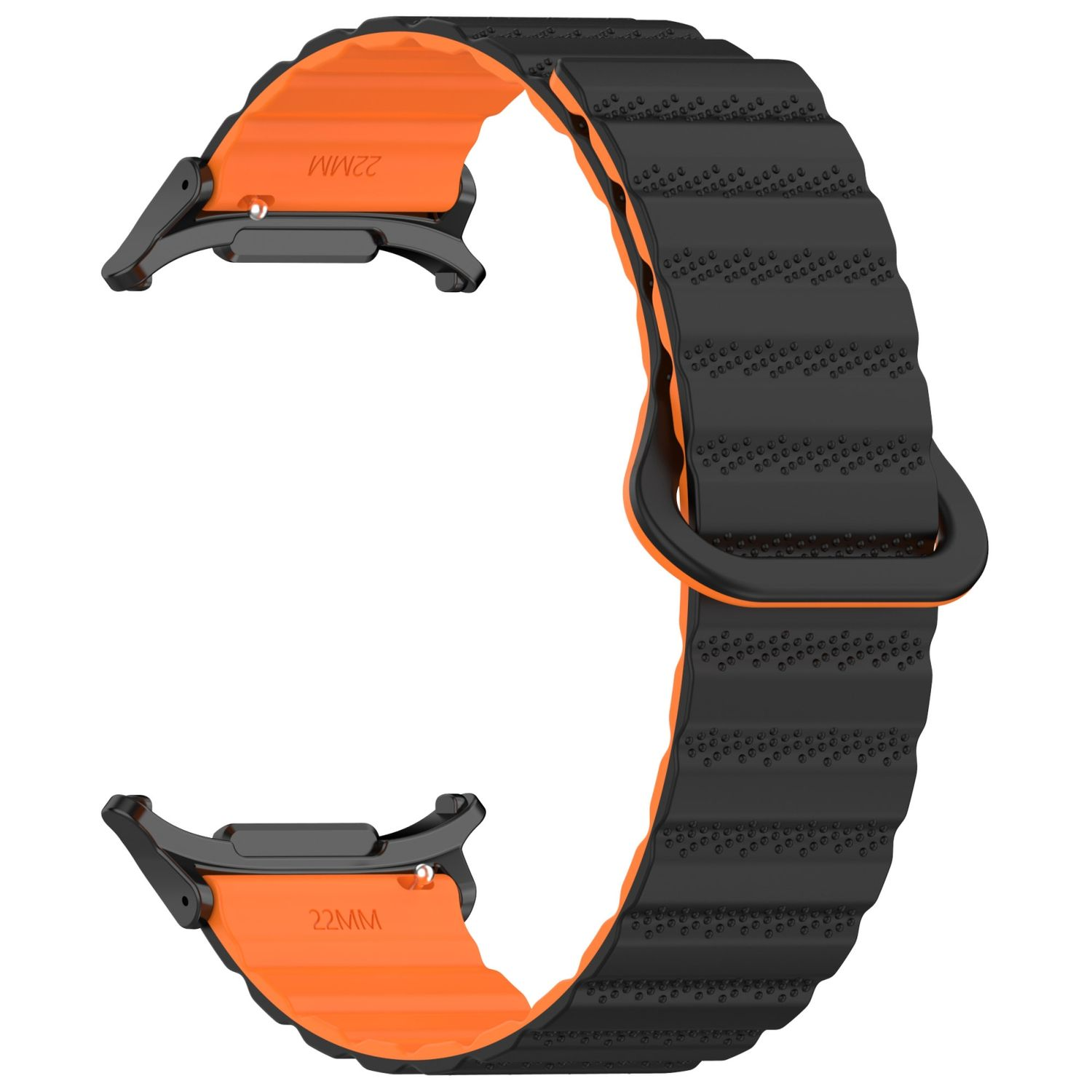 Schwarzes und oranges Uhrenarmband mit strukturierter Oberfläche und Metallverschlüssen.