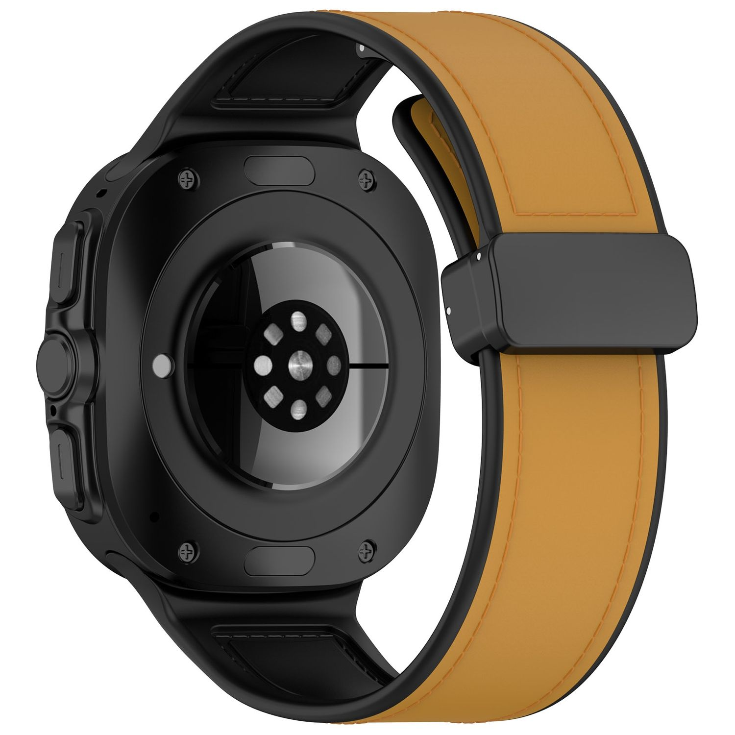 Smartwatch nero con cinturino in pelle marrone. Il retro mostra il sensore di frequenza cardiaca e i contatti di ricarica.