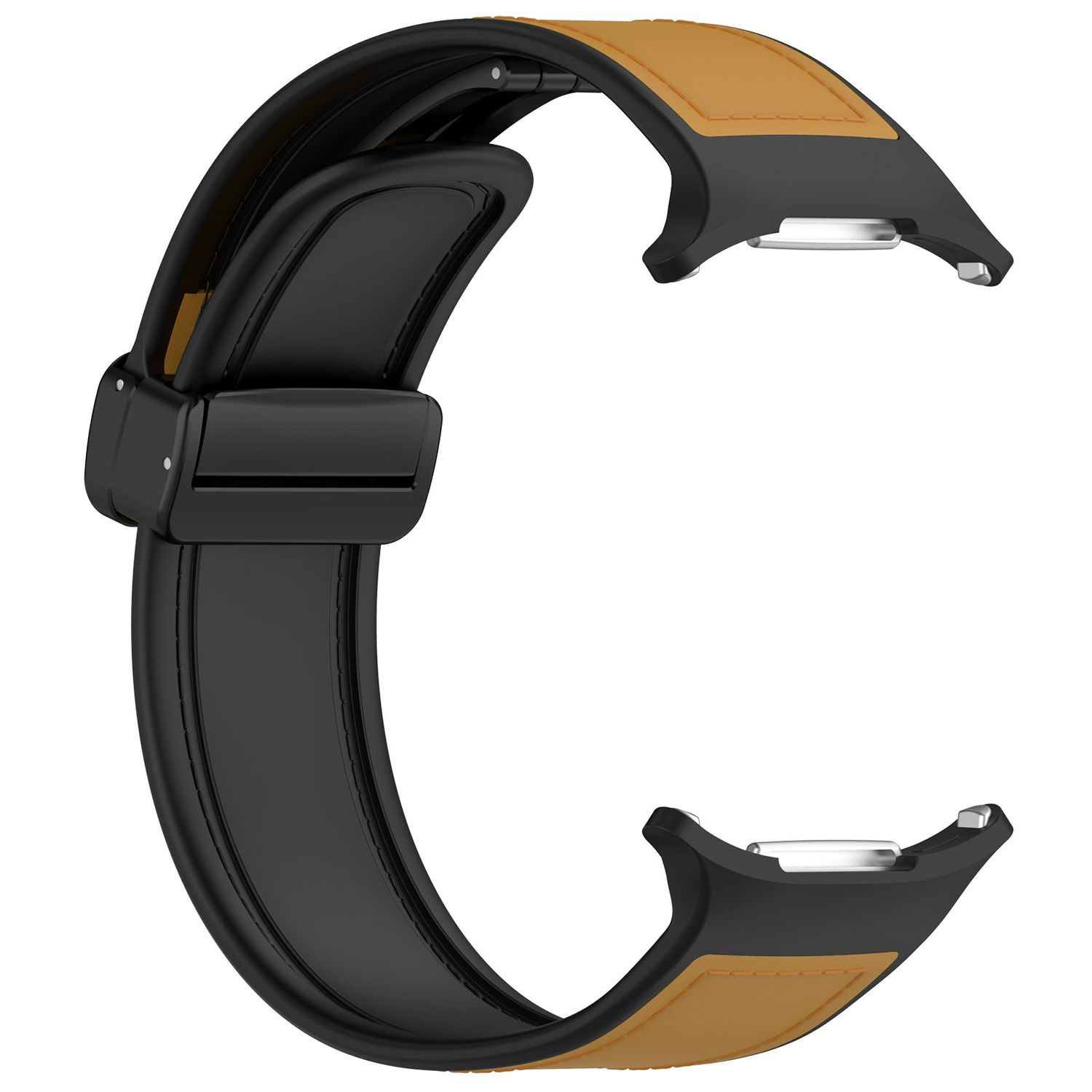 Cinturino nero e marrone chiaro, forma curva, con fibbia e punti di attacco.