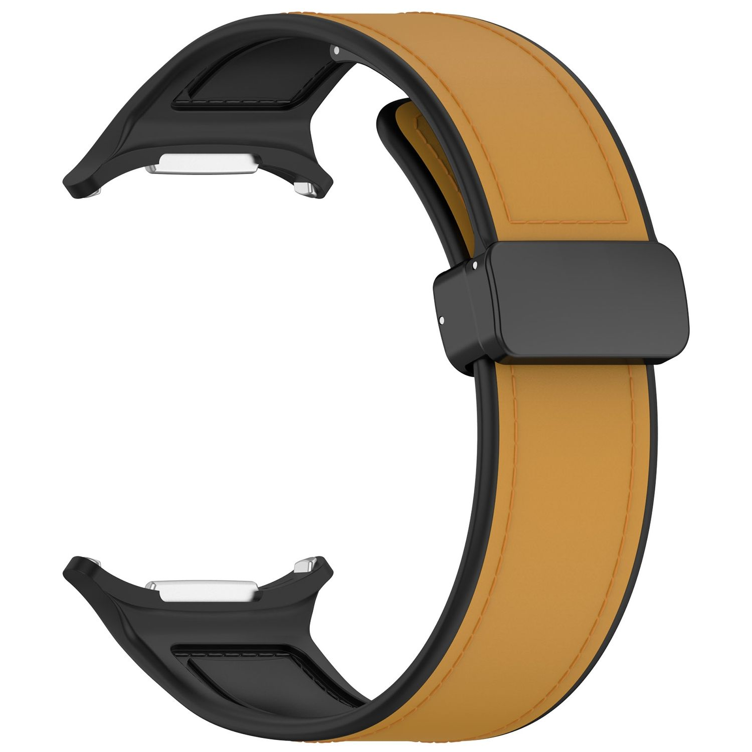 Cinturino dell'orologio, pelle marrone chiaro con dettagli e chiusura neri. Connettori neri.