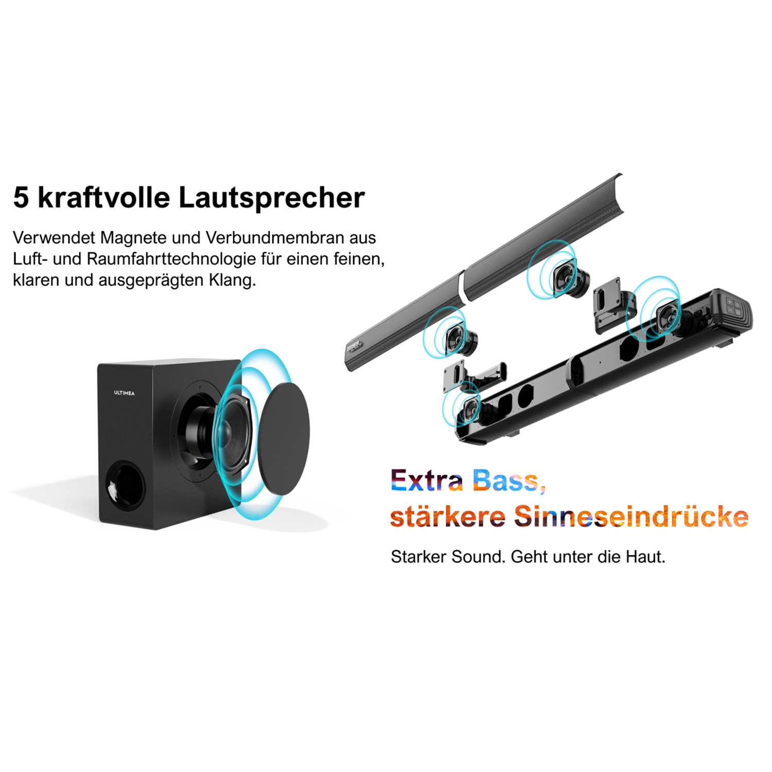 Ein schwarzer Subwoofer und eine Soundbar mit einer Darstellung der internen Komponenten der Soundbar.