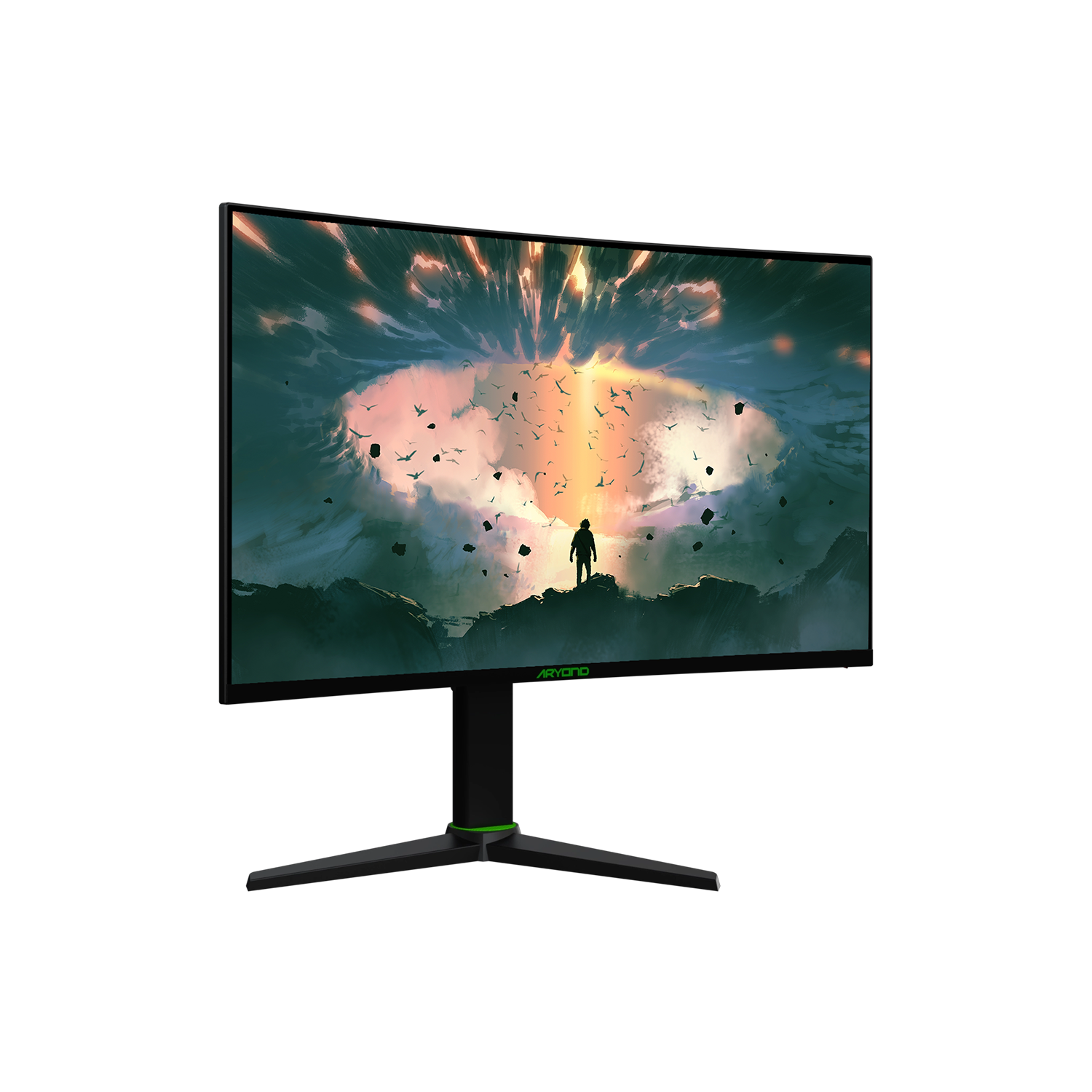 Monitor komputera wyświetlający żywą scenę sztuki cyfrowej z ciemnym tłem. Postać stoi na wzgórzu.