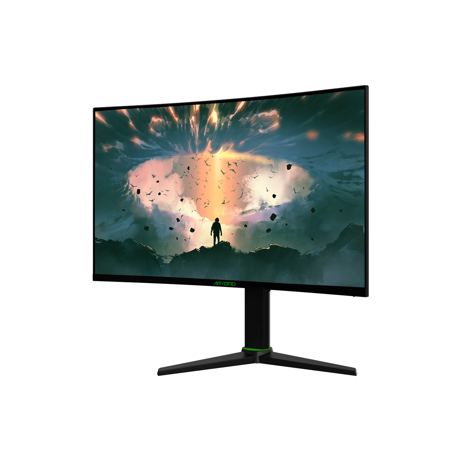 Zakrzywiony monitor do gier wyświetlający krajobraz z postacią stojącą na tle nieba.